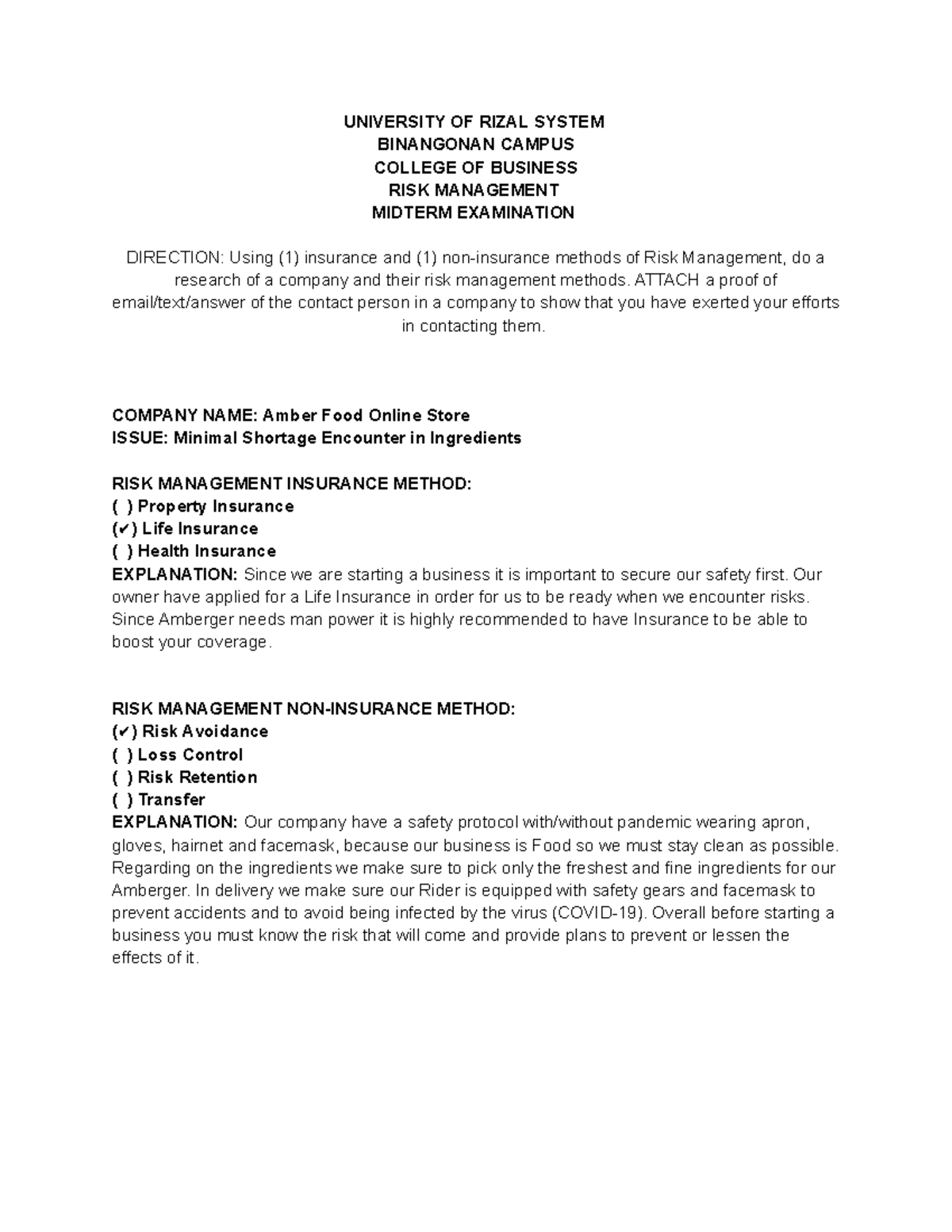 Risk Management Midterm Exam: Amber Food Online Store Analysis - Studocu