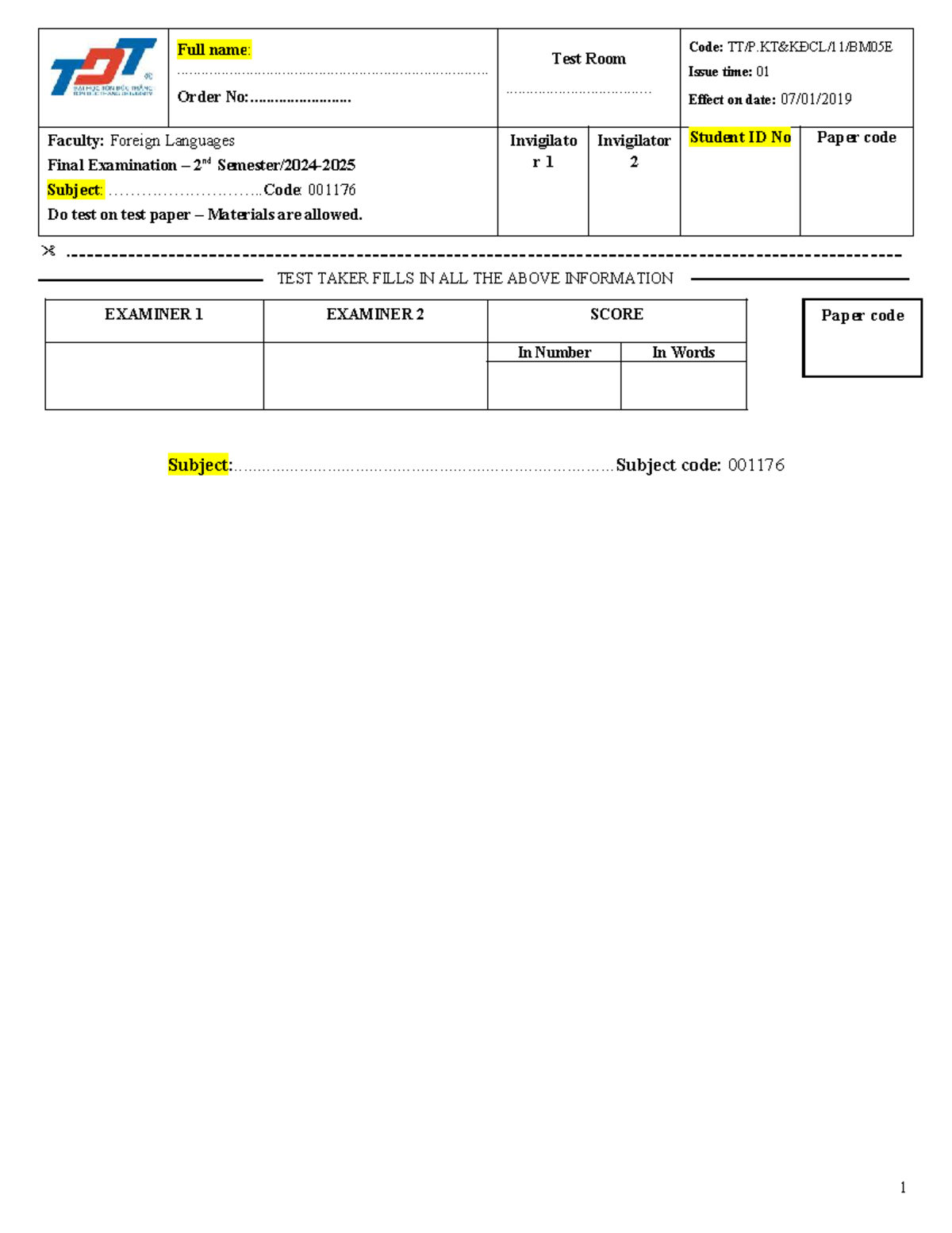 Foreign Languages Final Exam Test Paper Template - Code 001176 - Studocu