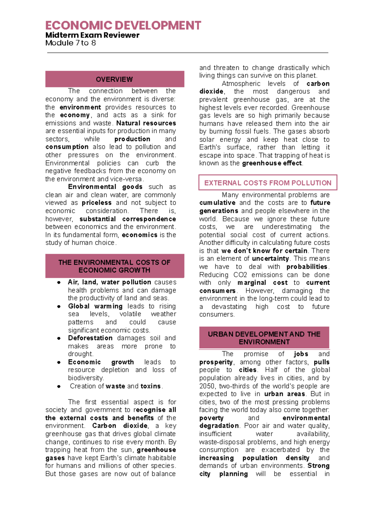 ECON DEV Midterm Exam Overview: Economic-Environment Interactions - Studocu