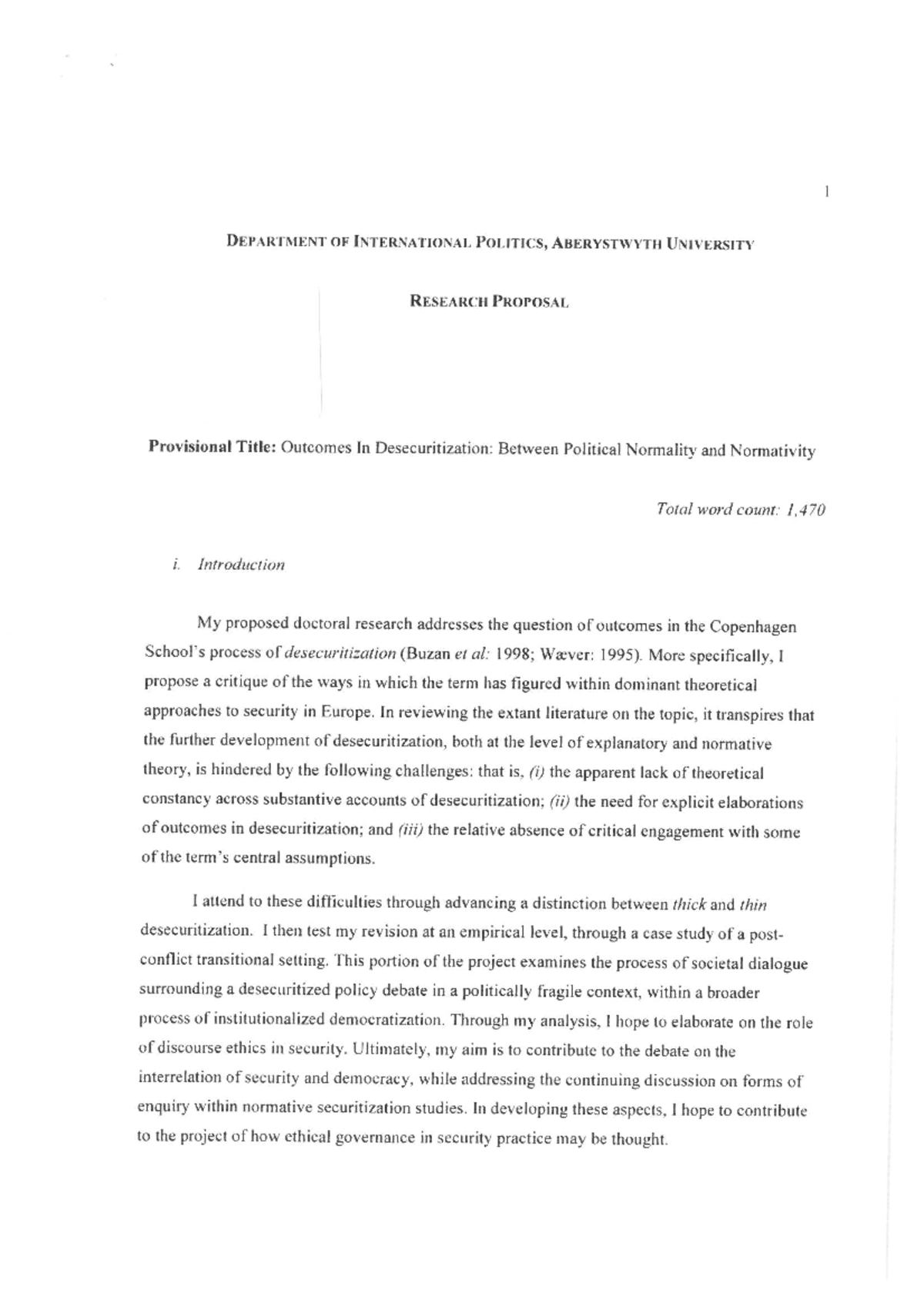 RESEARCH PROPOSAL: Outcomes in Desecuritization and Political ...