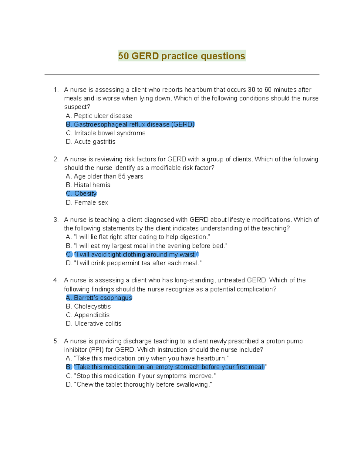 Med Surg GI Practice Questions: GERD Assessment & Management - Studocu