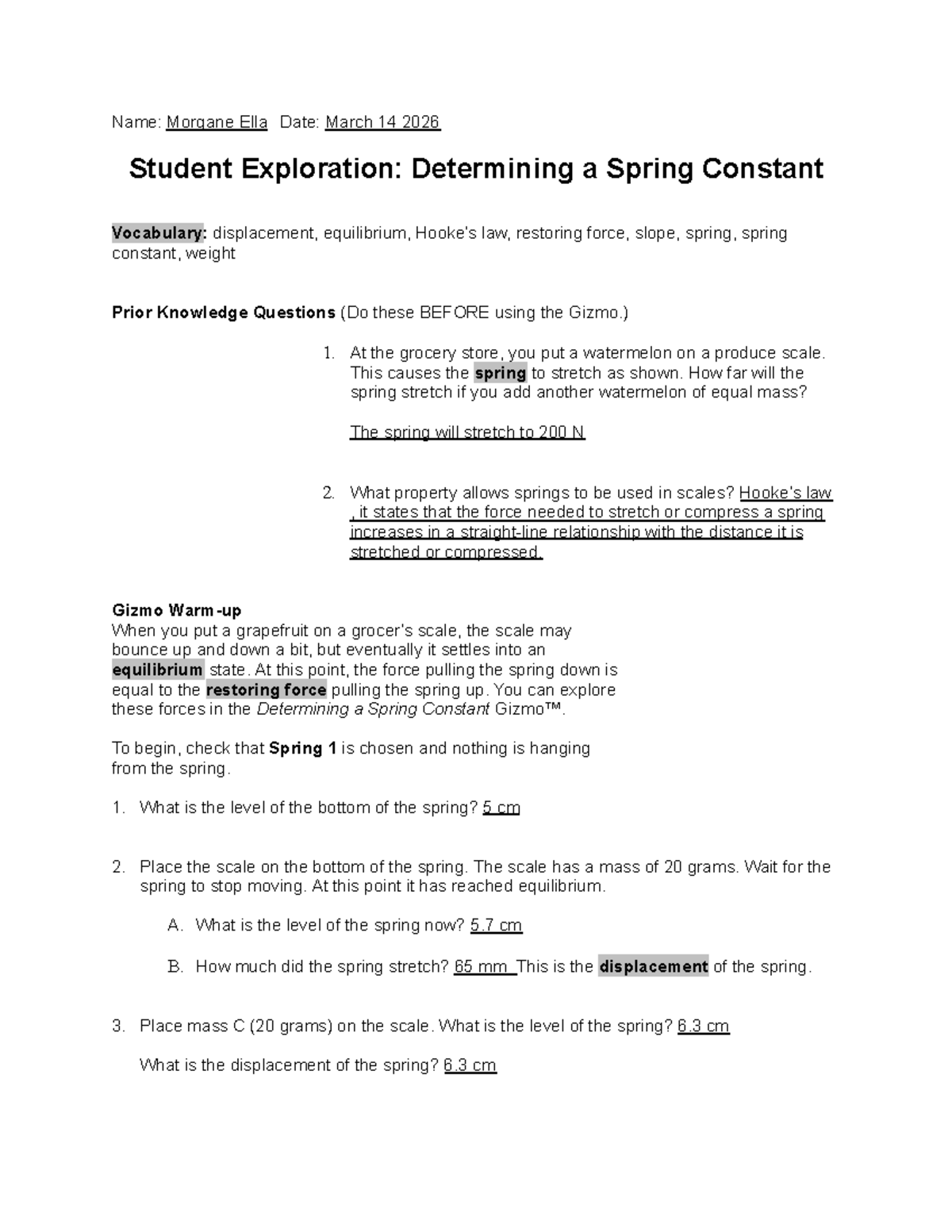 Unit 2 Physics Lab: Exploring Spring Constants and Displacement - Studocu