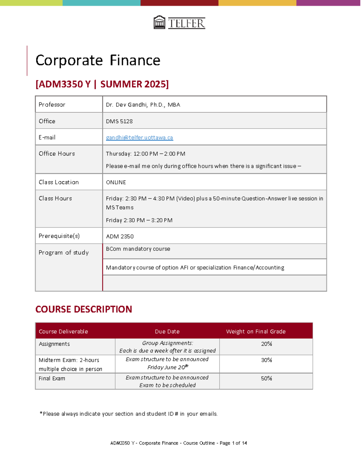 ADM3350 Y - Corporate Finance Course Outline for Summer 2025 - Studocu