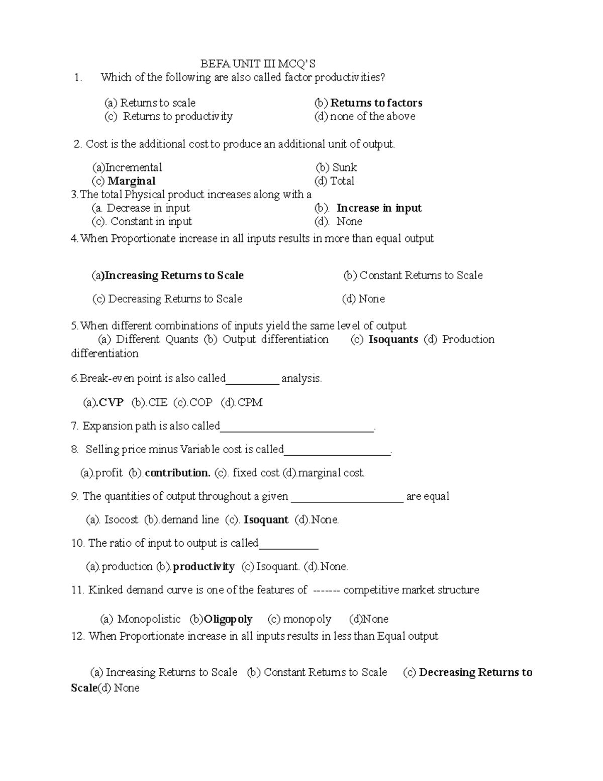 BEFA UNIT-III MCQs: Key Concepts & Questions Review - Studocu