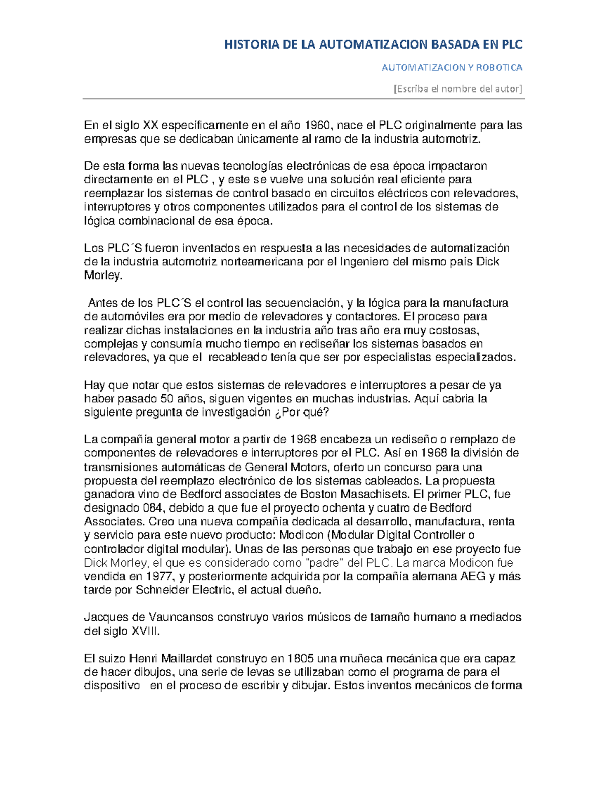 Historia de la Automatización y PLC: Evolución y Aplicaciones - Studocu