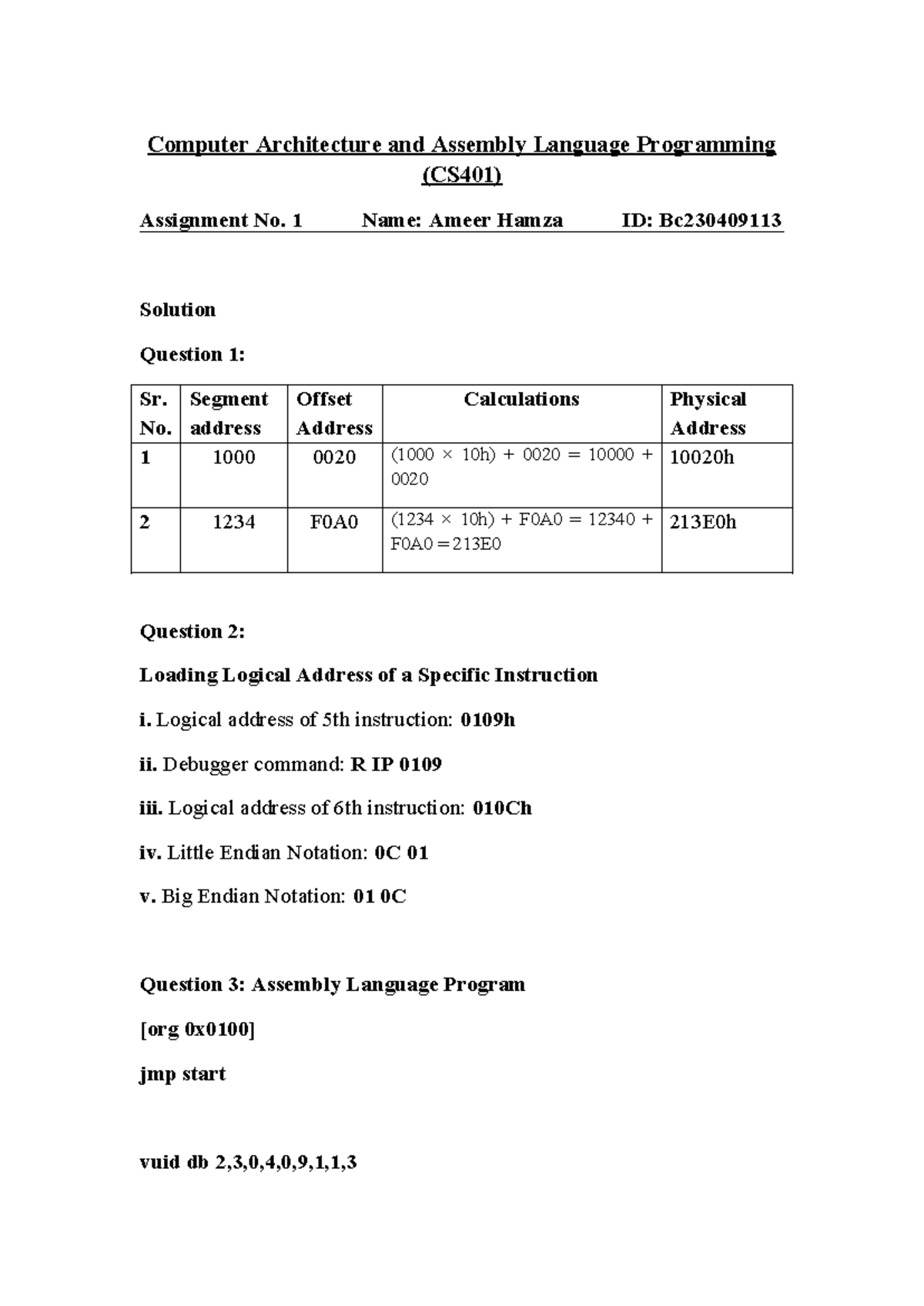 CS401 Computer Architecture & Assembly Language Assignment 1 - Studocu