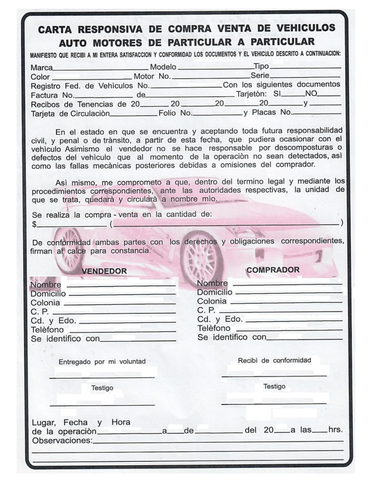 CARTA RESPONSIVA DE COMPRA VENTA DE VEHÍCULO - FORMATO ROSA - Document Preview