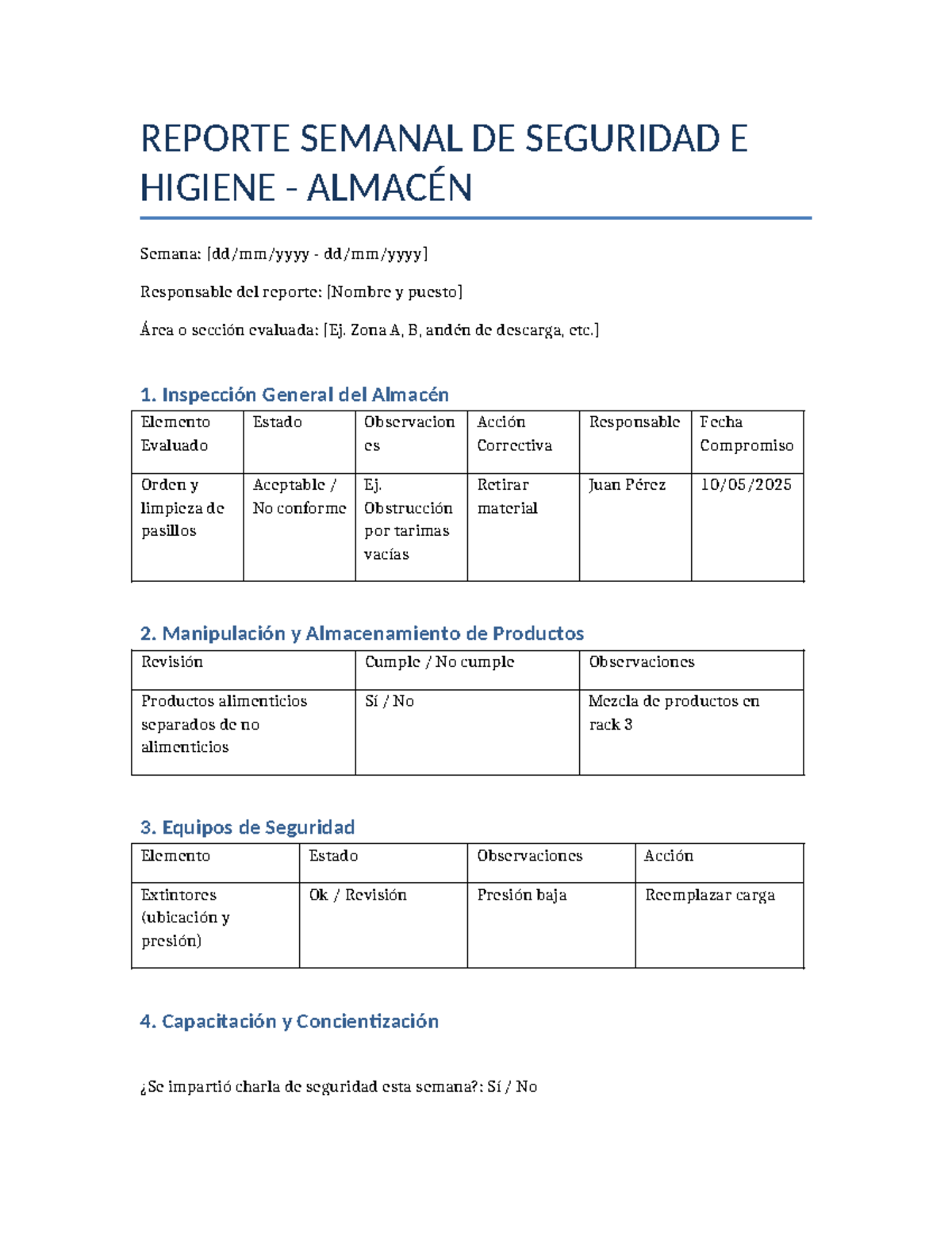 Reporte Semanal de Seguridad e Higiene Almacén - Semana Actual - Document Preview