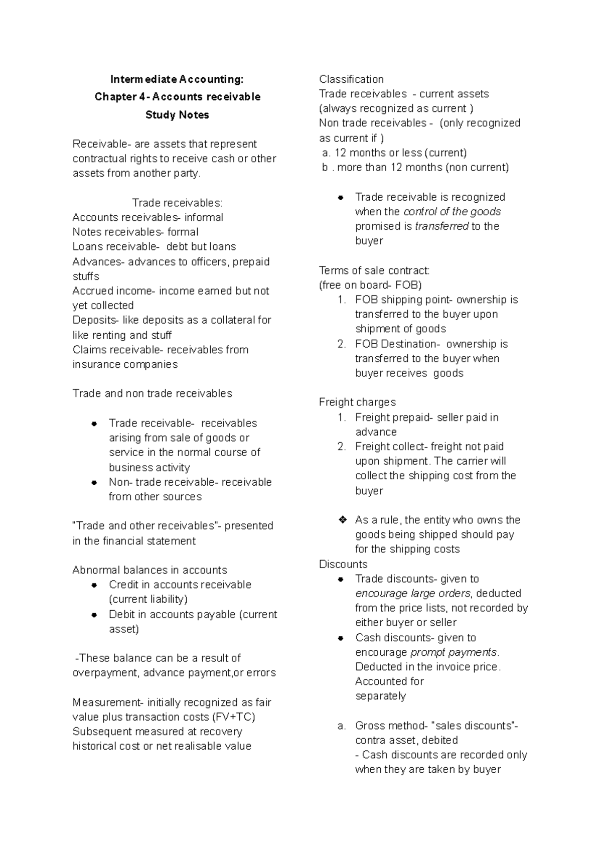Intermediate Accounting CH4: Study Notes on Accounts Receivable - Studocu