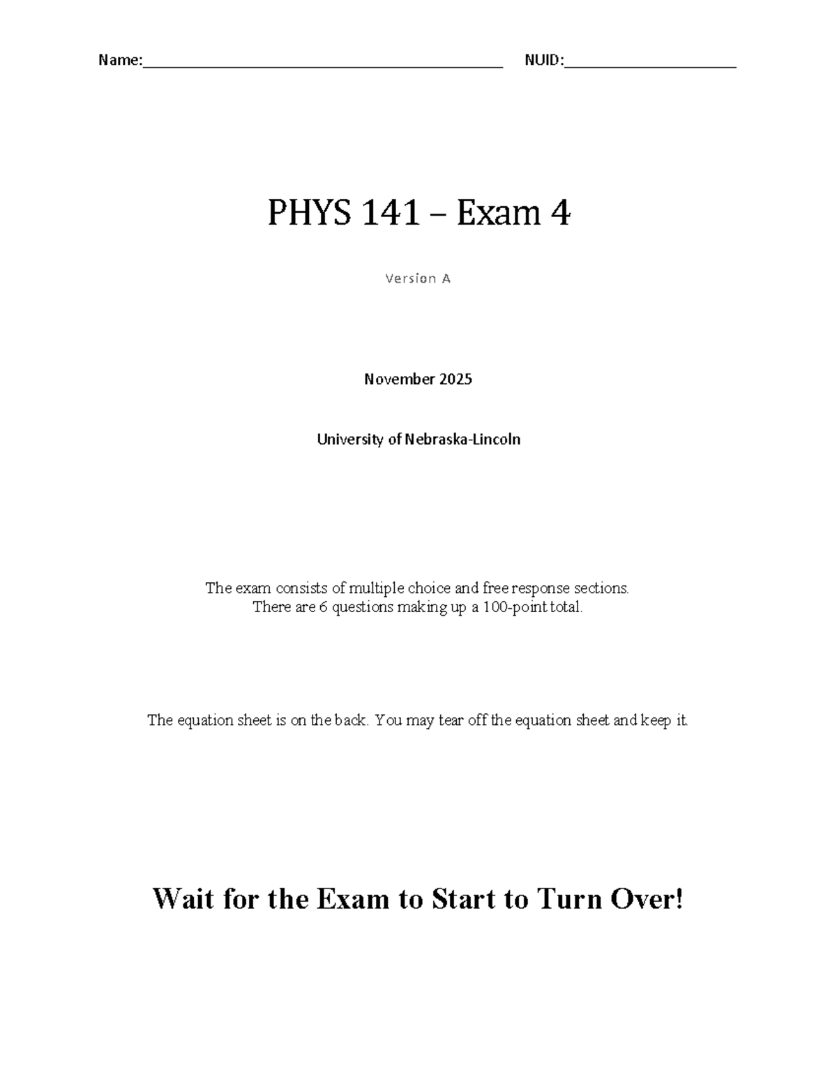 PHYS 141 Exam 4 - Version A Solutions and Key Concepts - Studocu