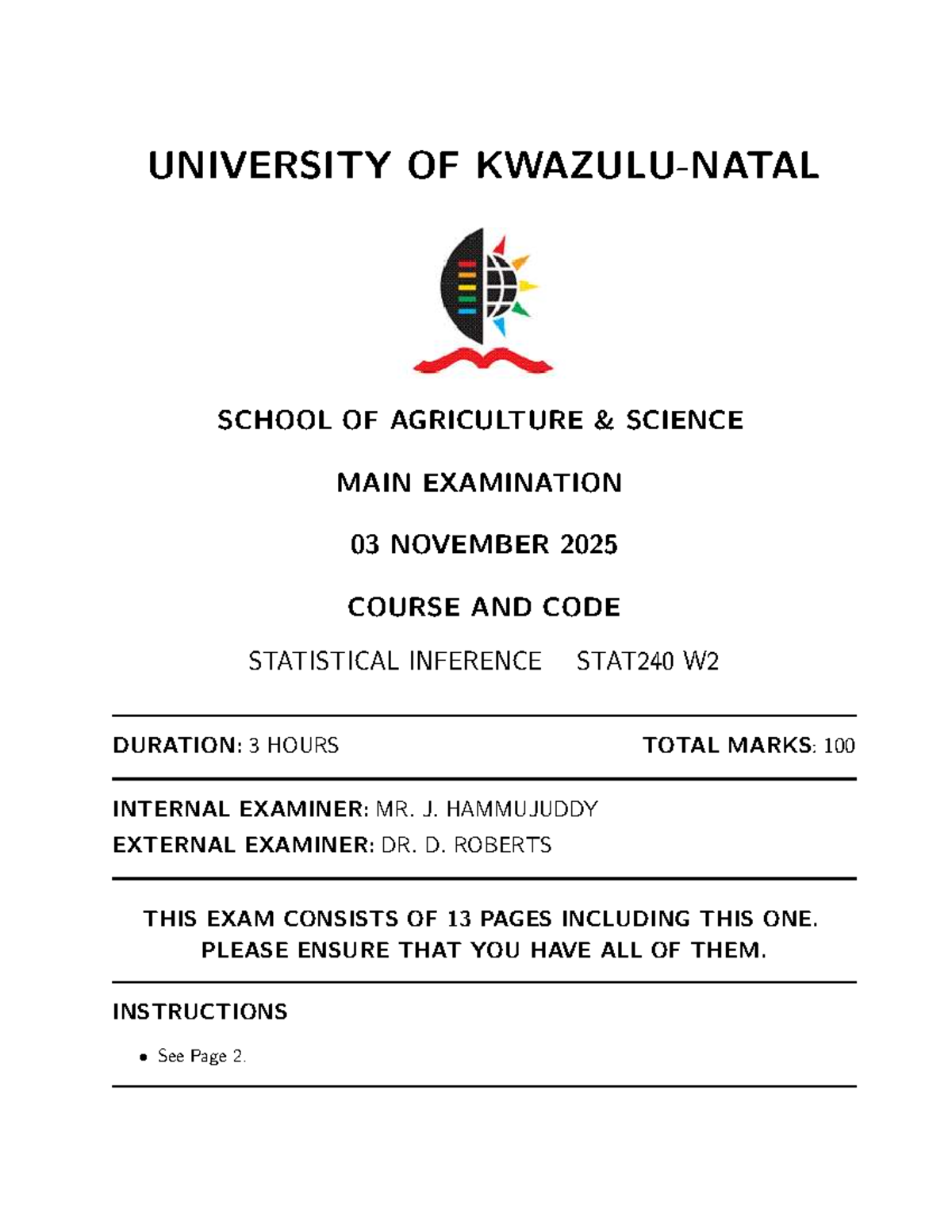 2025 Main Exam: Statistical Inference (STAT240 W2) - Studocu