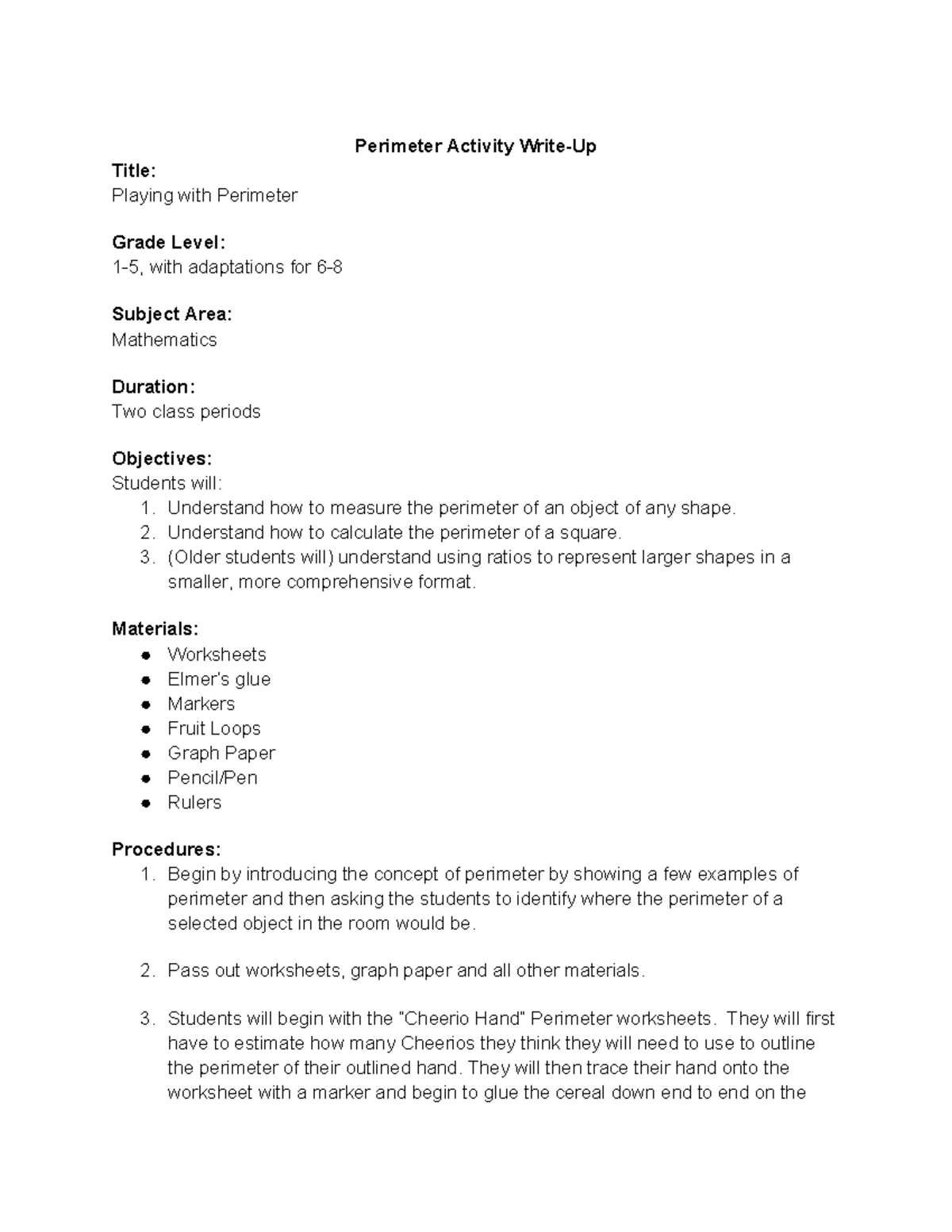 Mathematics Activity: Exploring Perimeter Concepts (Grade Level ...