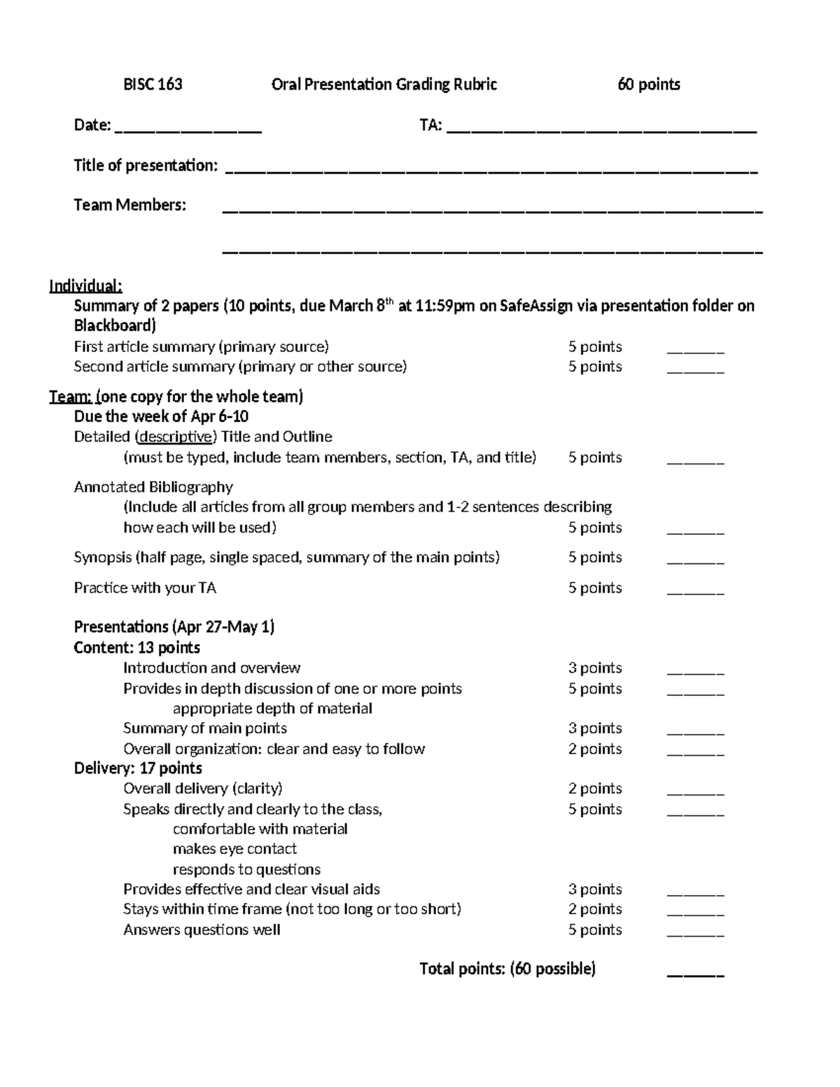BISC 163 Oral Presentation Grading Rubric and Guidelines - Studocu