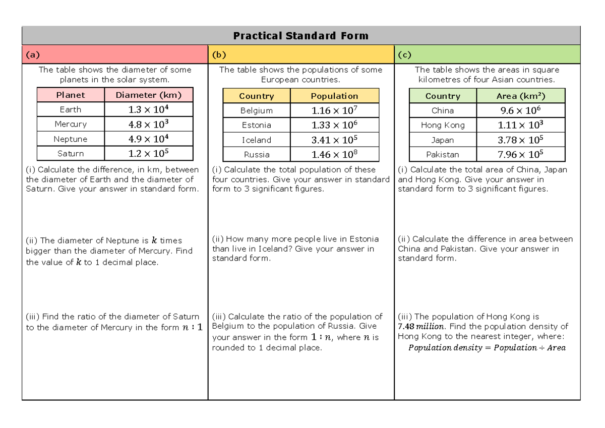 Practical Standard Form Practice Grid: Planetary & Population ...