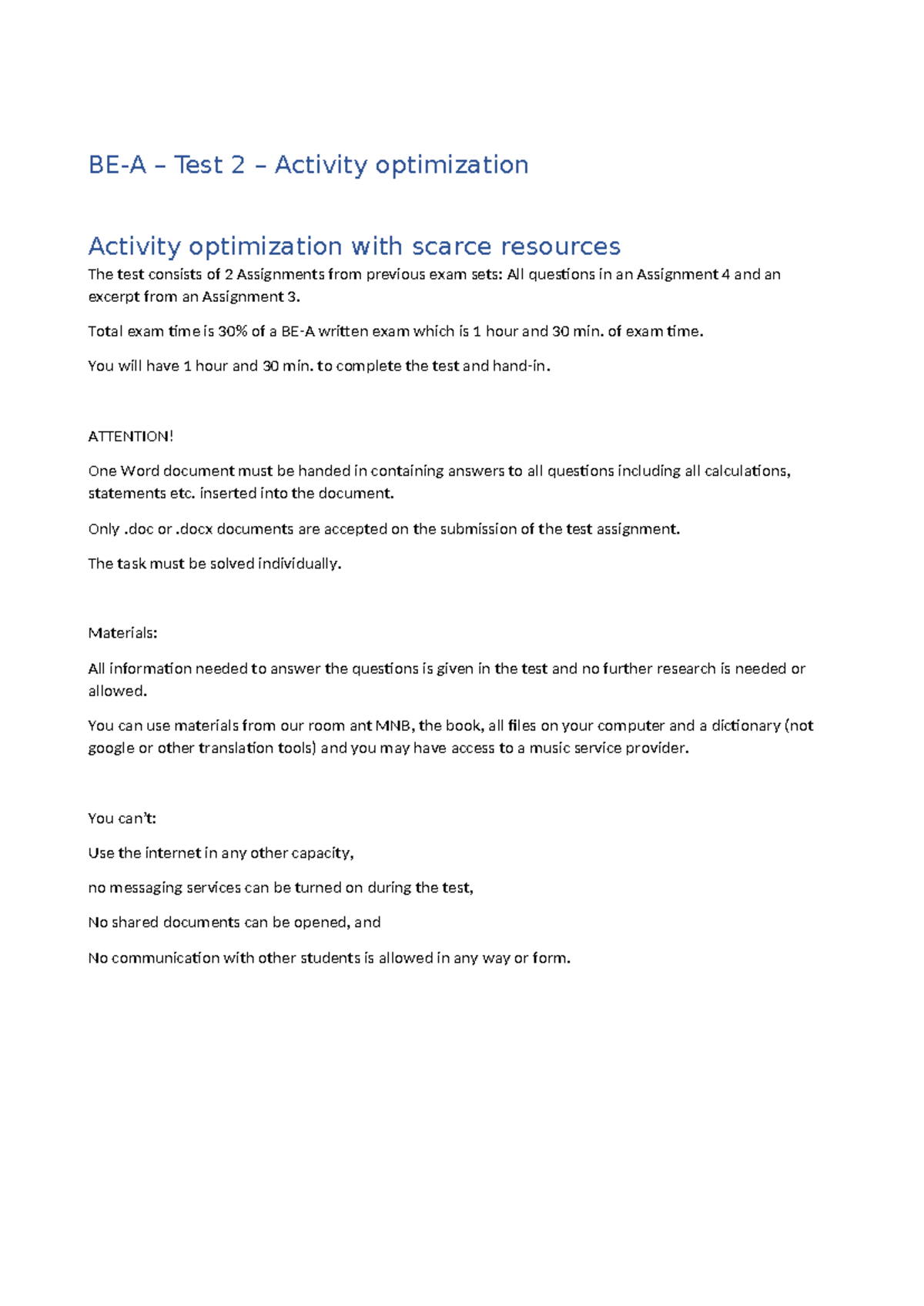 BE-A - Test 2 - Activity Optimization with Scarce Resources - Studocu