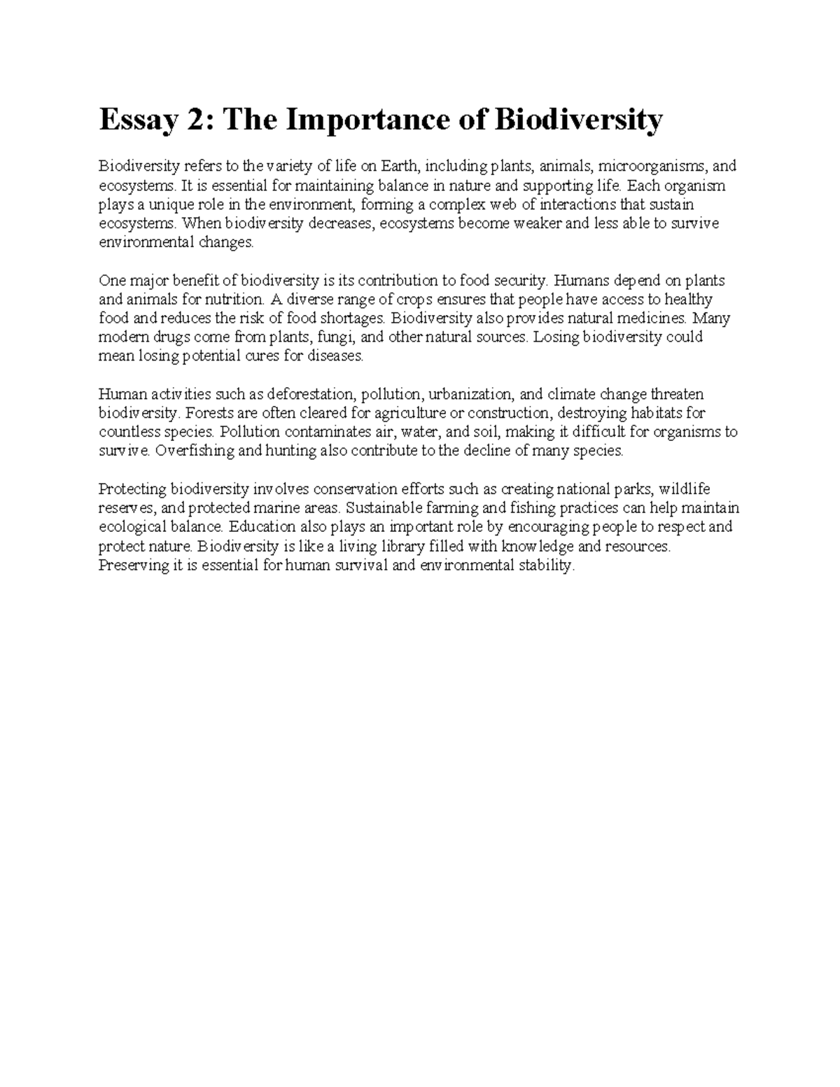 Summary of Essay 2: The Importance of Biodiversity - Science - Studocu