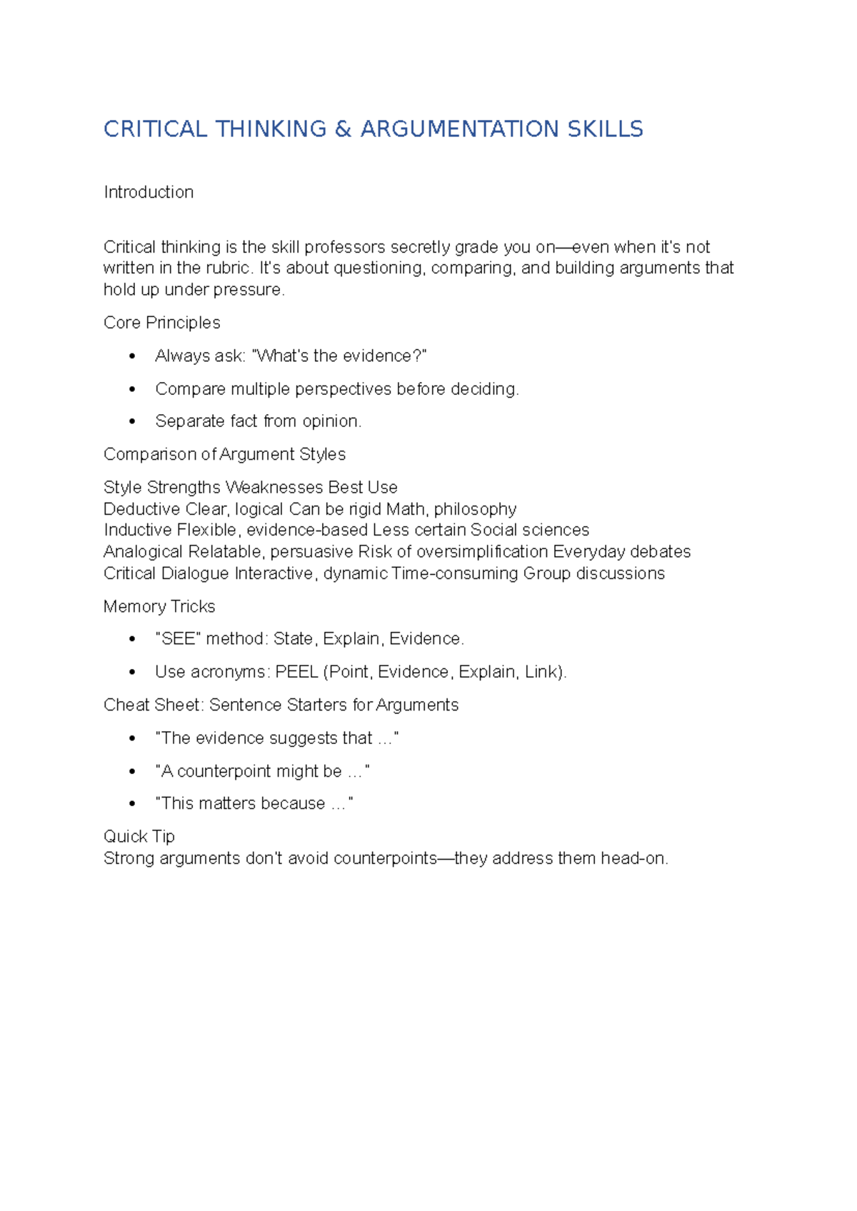 Critical Thinking Skills Guide: Argumentation Techniques and Tips - Studocu