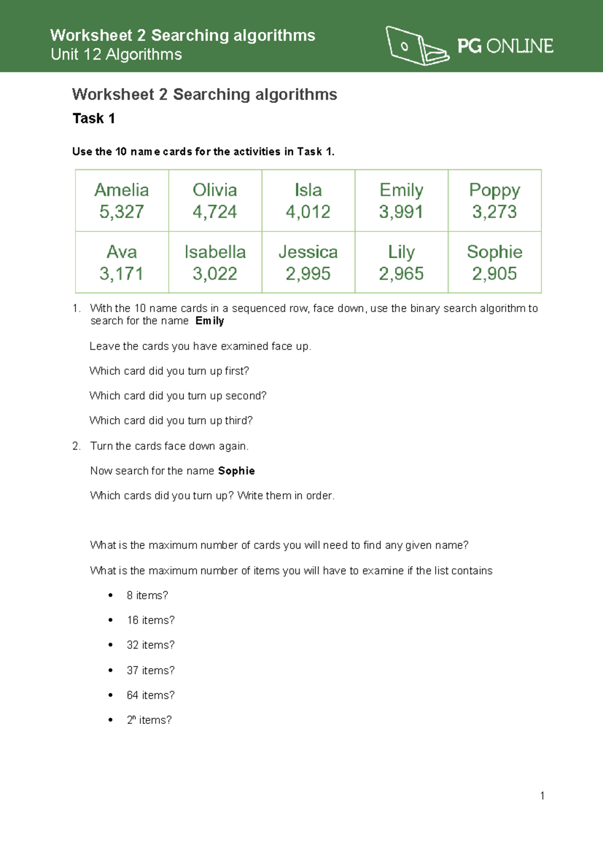 Algorithms Unit 12: Worksheet 2 on Searching Algorithms - Studocu