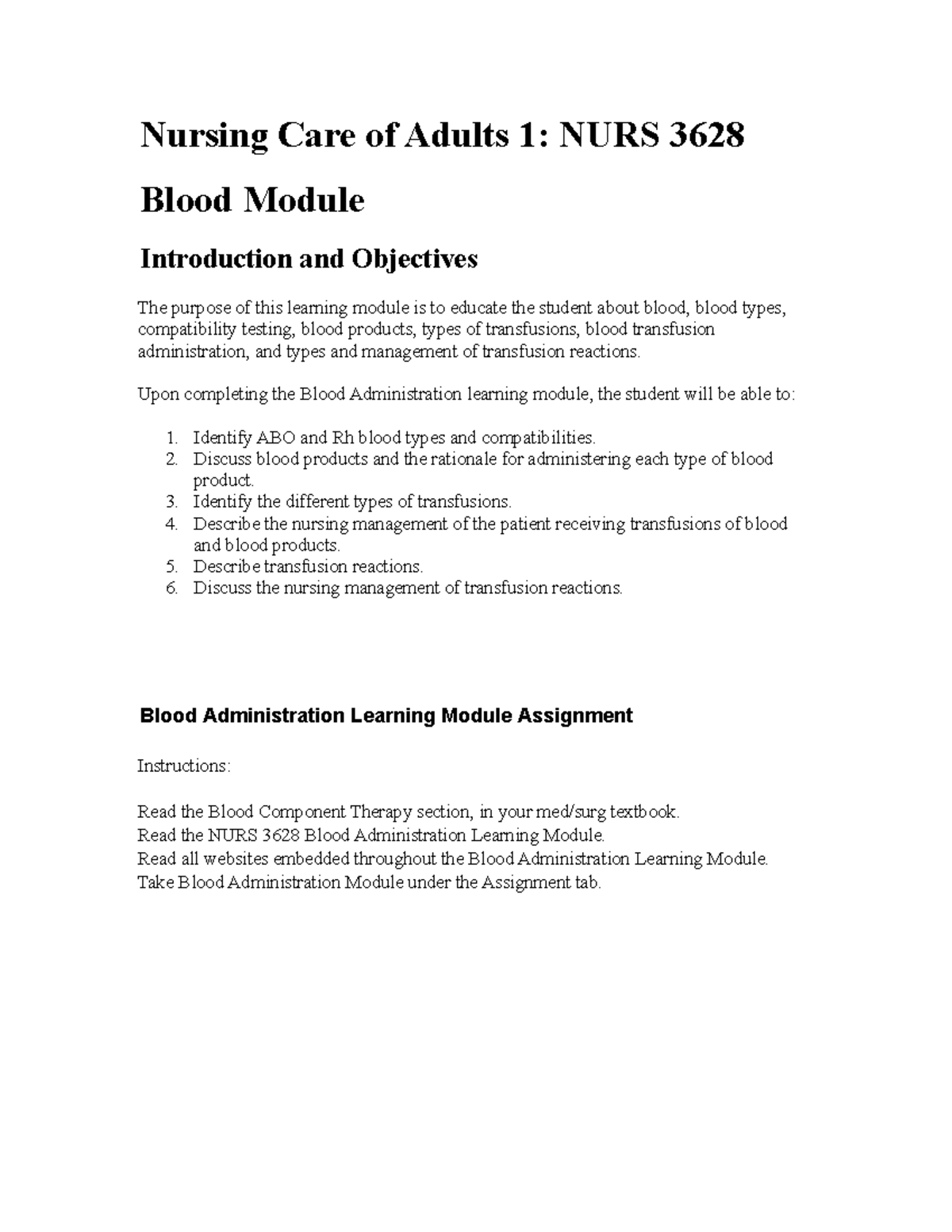 NURS 3628 Blood Transfusion Module: Nursing Management & Reactions ...