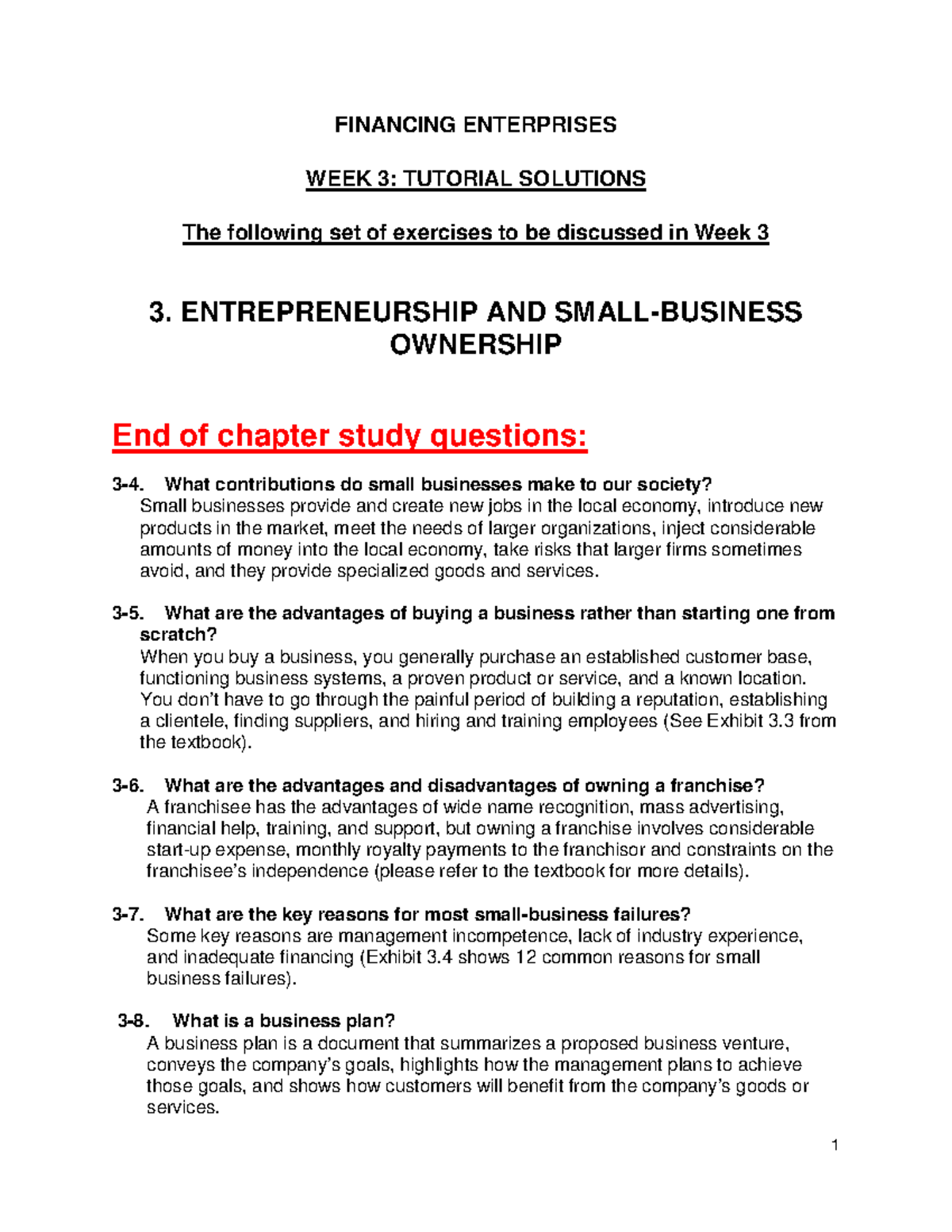 FINC 101 - Week 3 End of Chapter Qs & Solutions for Entrepreneurs - Studocu