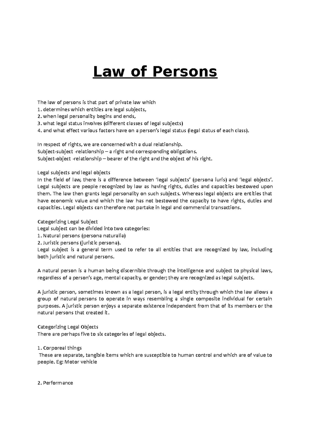 Law of Persons - Final Exam Notes and Key Concepts - Studocu