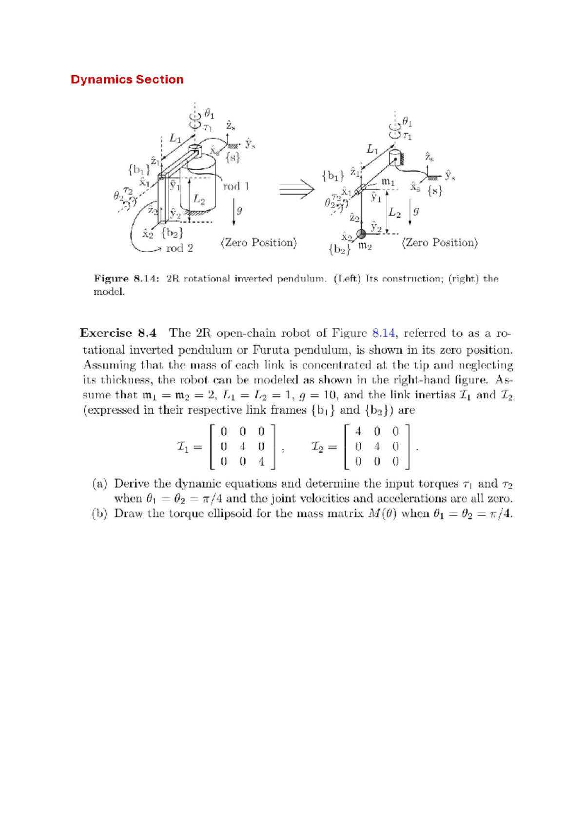 Dynamics Section: 2R Inverted Pendulum Analysis (Exercise 8.4) - Studocu