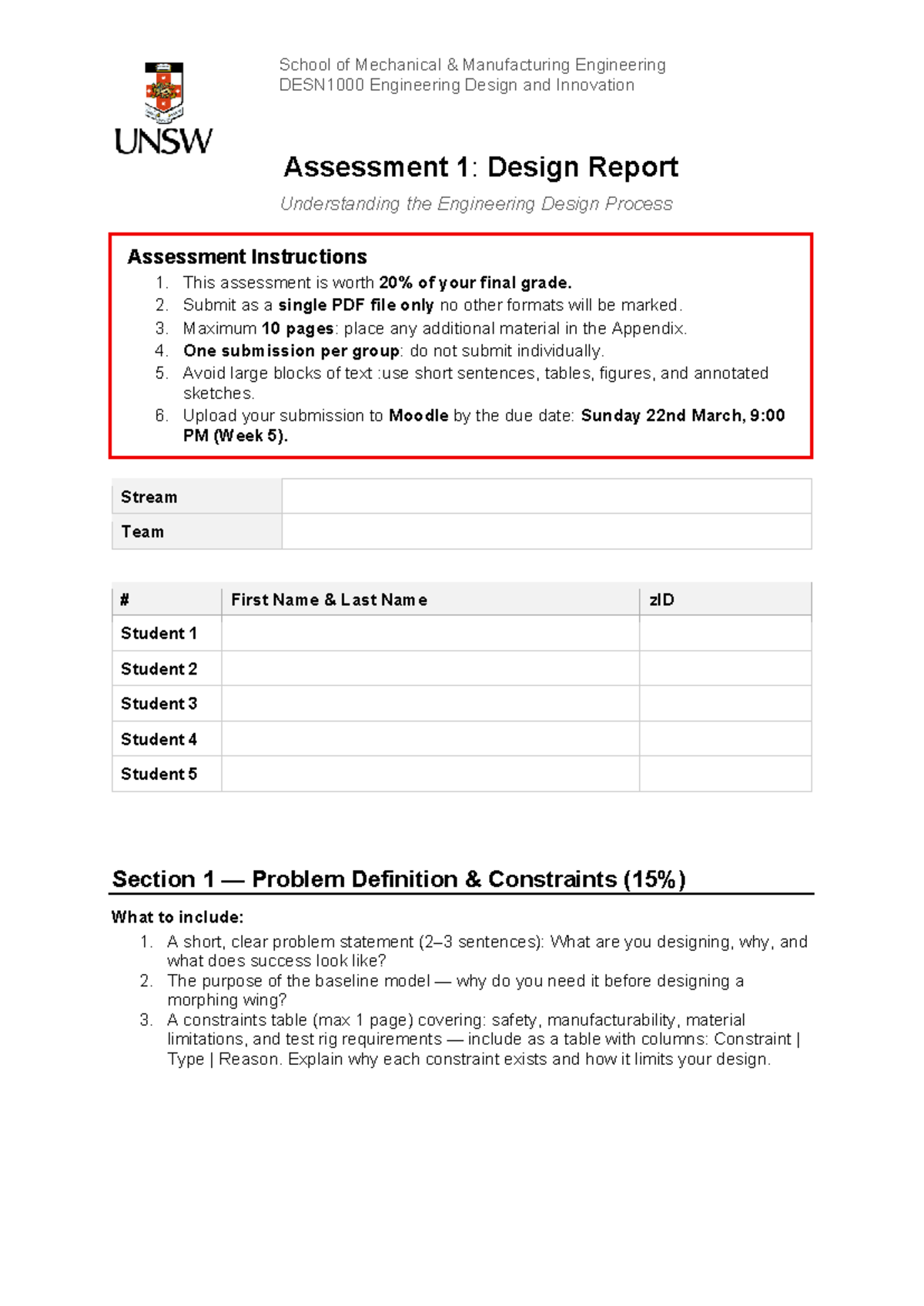 DESN1000 Assessment 1: Engineering Design Process Report - Studocu