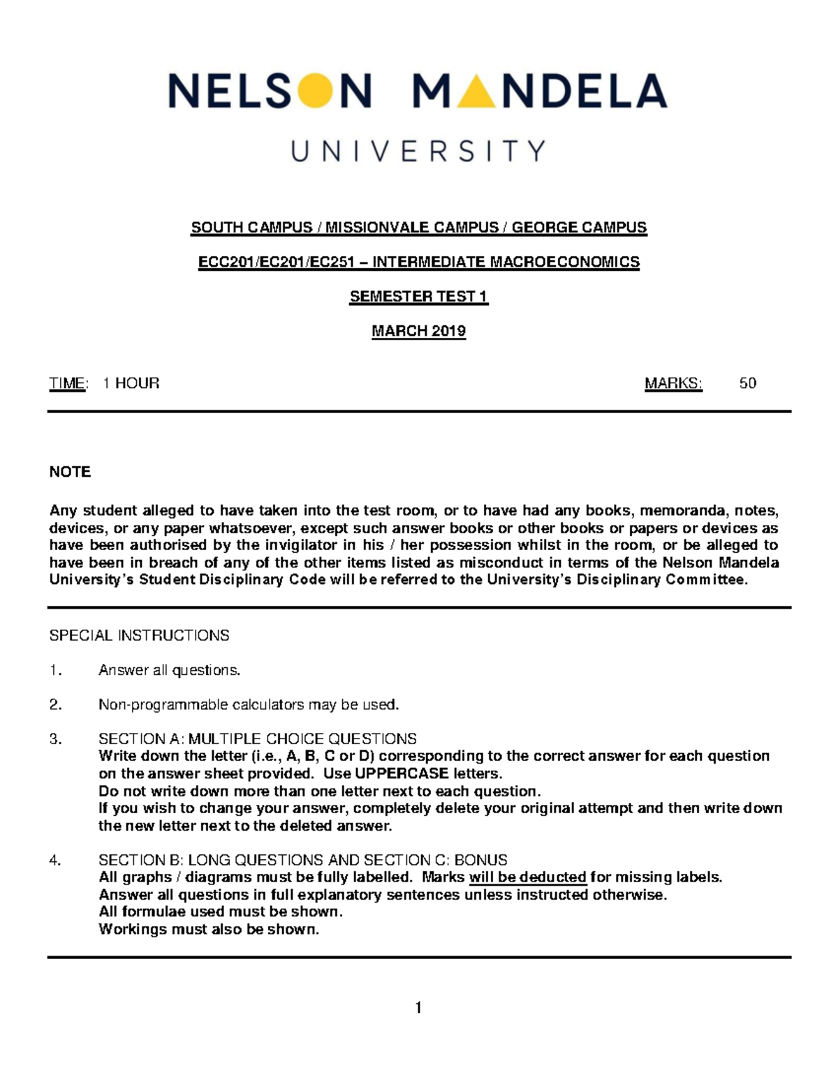 Intermediate Macroeconomics SEMESTER TEST 1 MEMO MARCH 2019 - Studocu