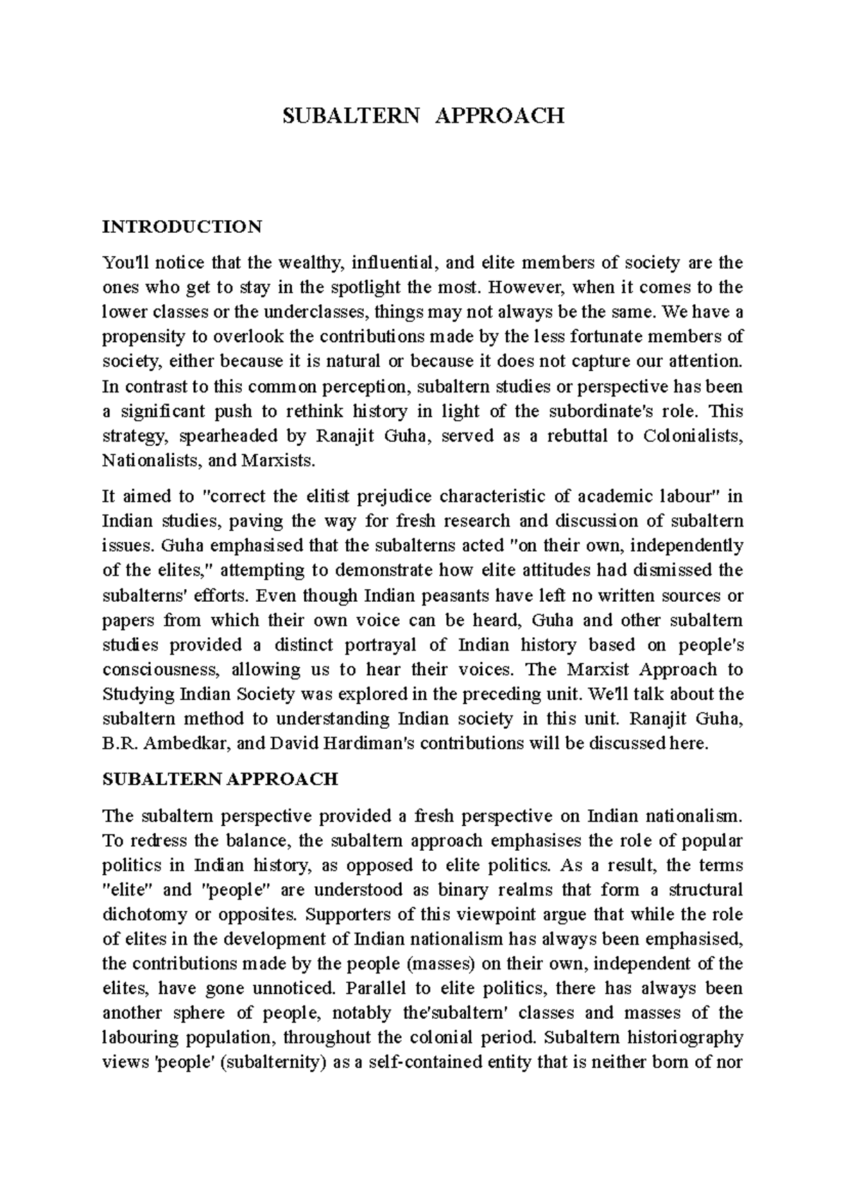 Subaltern Approach in Indian Society - Lecture Notes 5 - Studocu