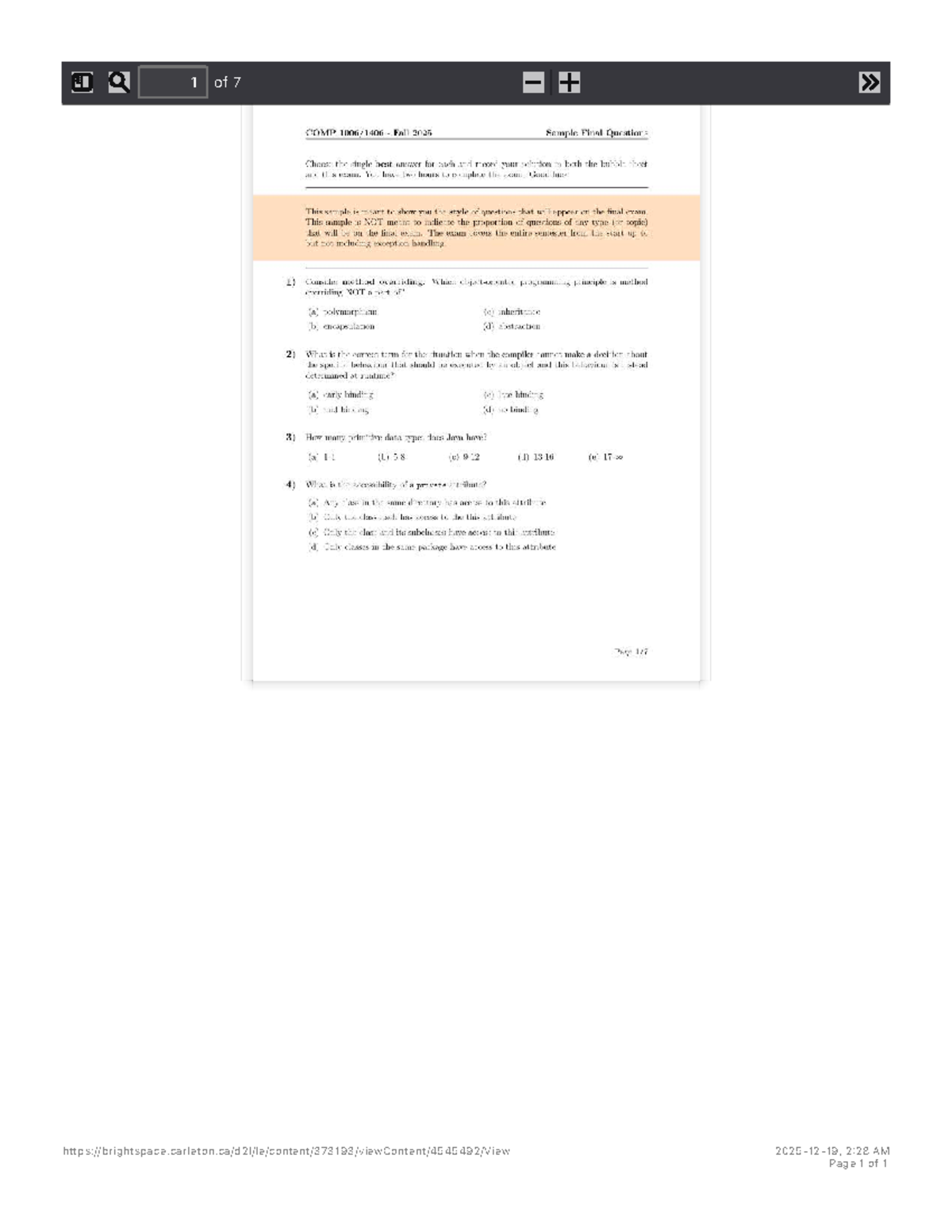 COMP Fall 2025 Sample Final Exam Questions (COMP1006A-COMP1406) - Studocu