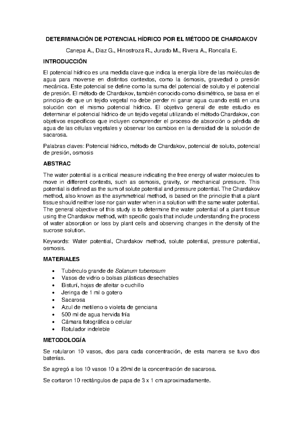 Informe- Potencial hidrico UWU - DETERMINACIÓN DE POTENCIAL HÍDRICO POR ...