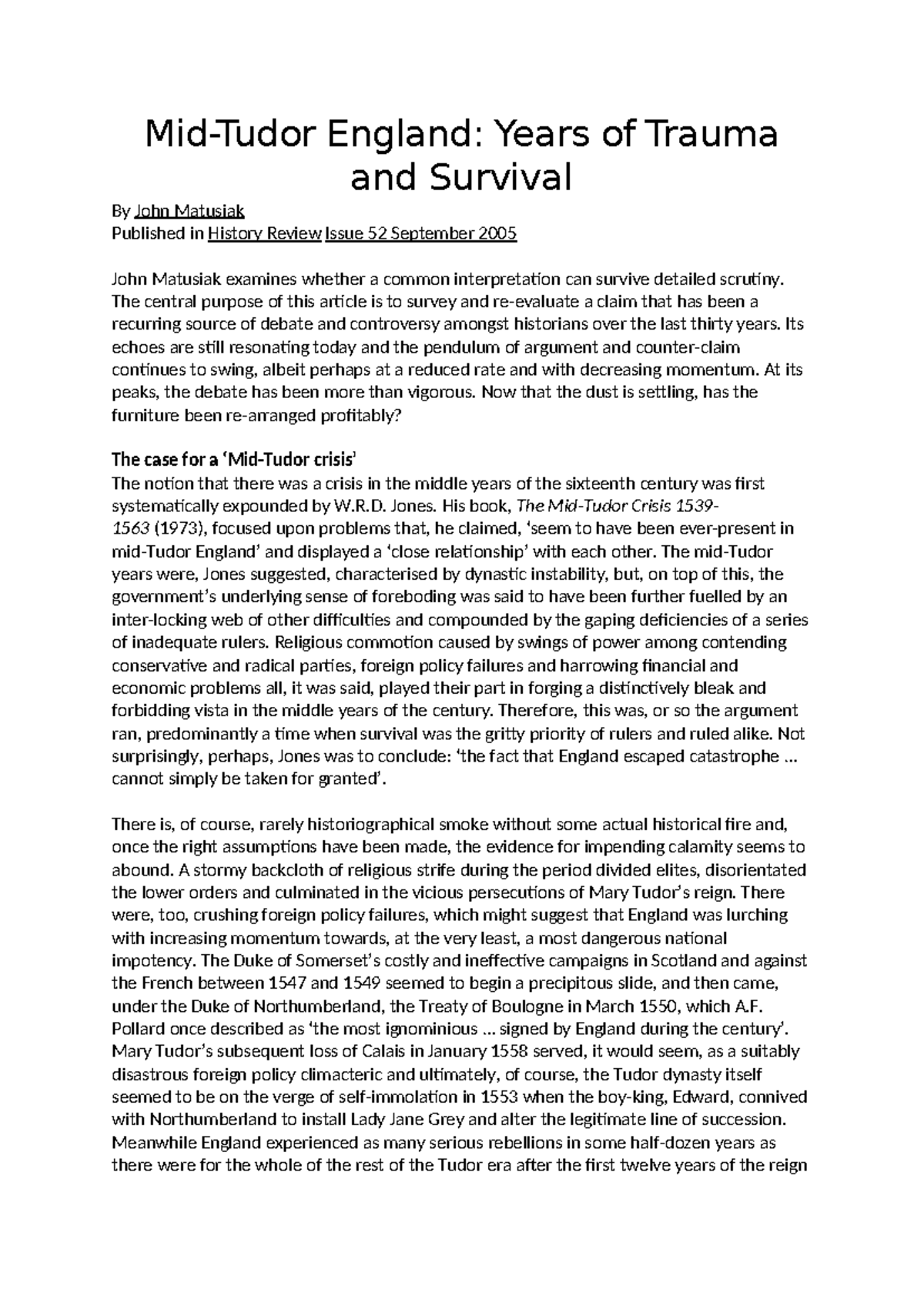 Mid-Tudor Crisis (1539-1563) Homework Analysis and Discussion - Studocu