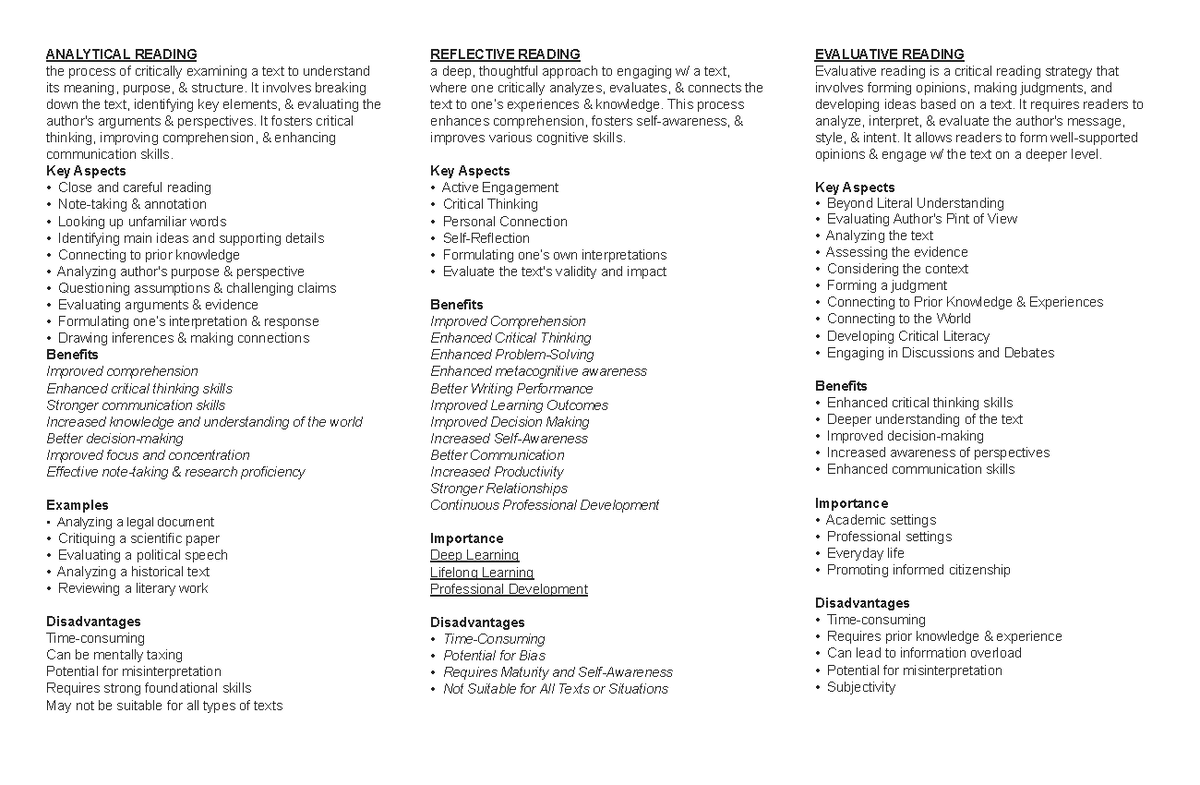 ANALYTICAL READING: Understanding Texts and Enhancing Skills - Studocu