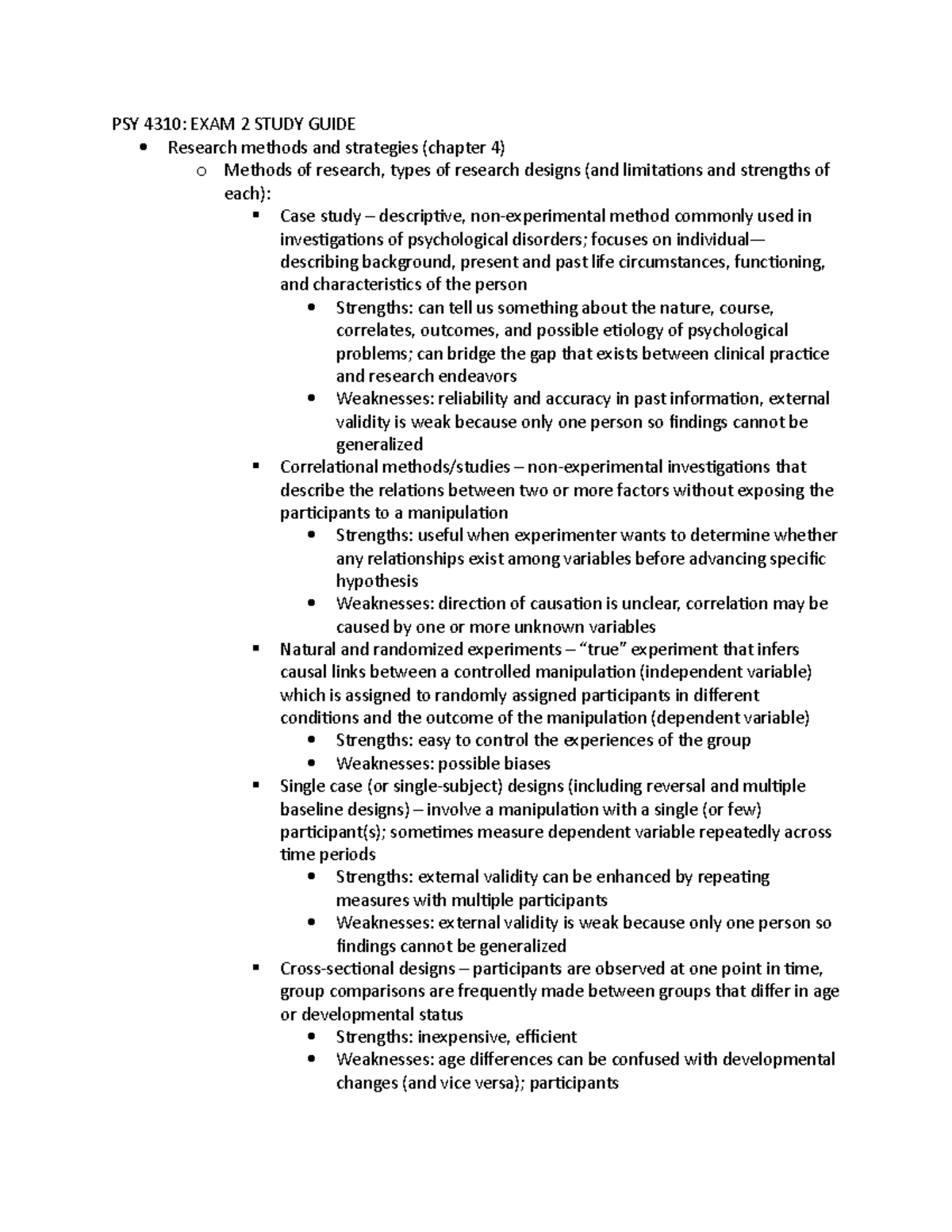 Exam 2 study guide - PSY 4310: EXAM 2 STUDY GUIDE Research methods and ...