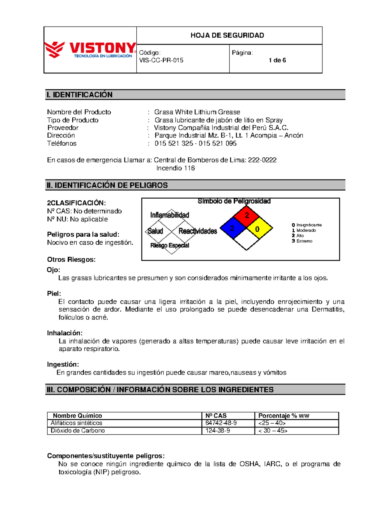 Hoja de Seguridad: Grasa Blanca de Litio - Vistony - Document Preview