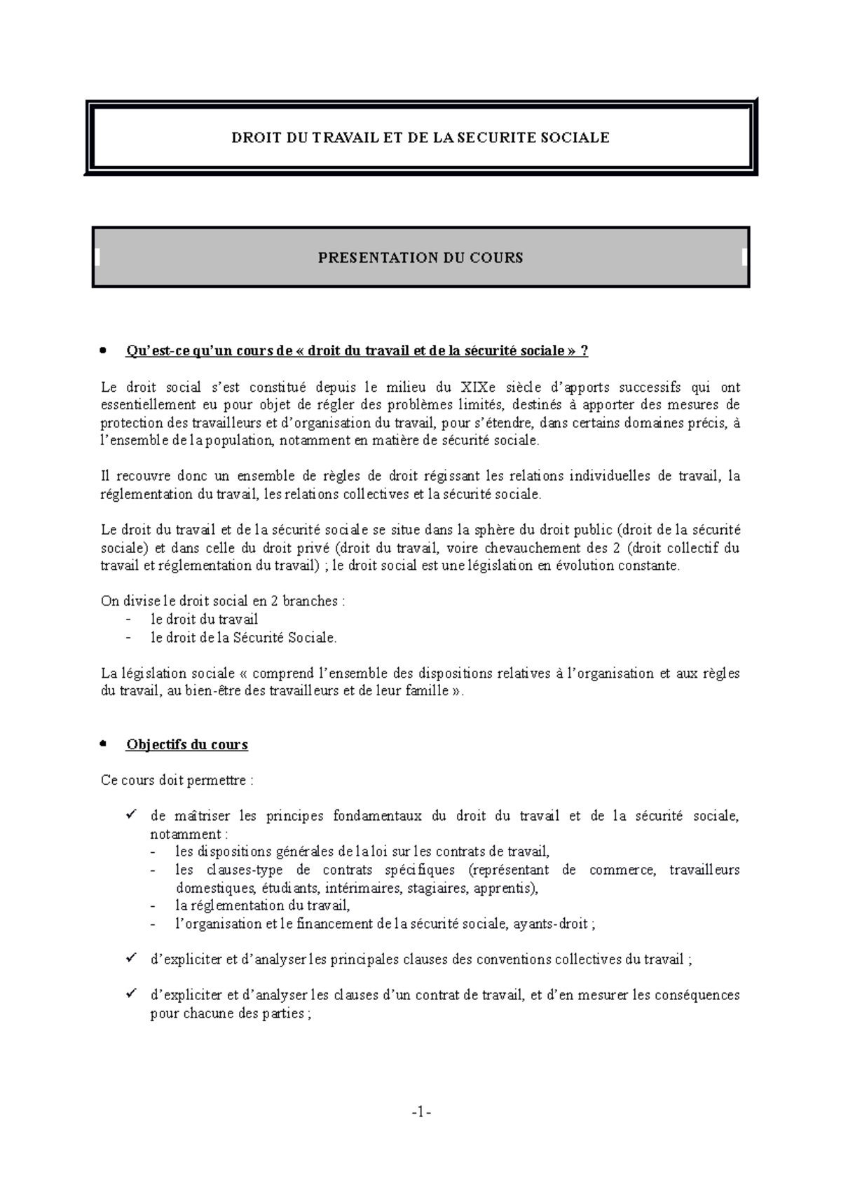 Cours Complet: Droit du Travail et Sécurité Sociale (DTS 101) - Studocu