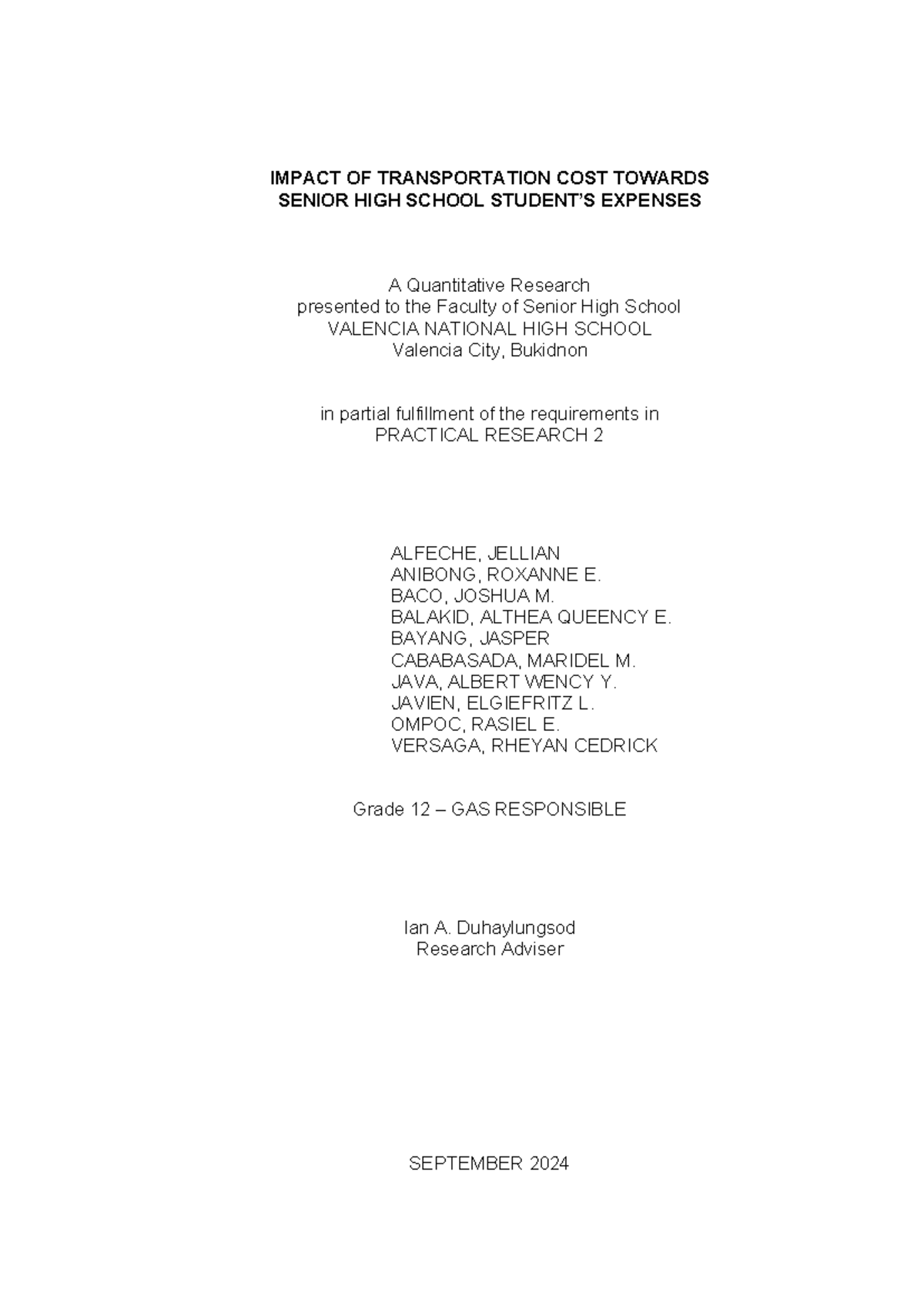 Impact of Transportation Costs on SHS Students' Expenses - GAS 12 - Studocu
