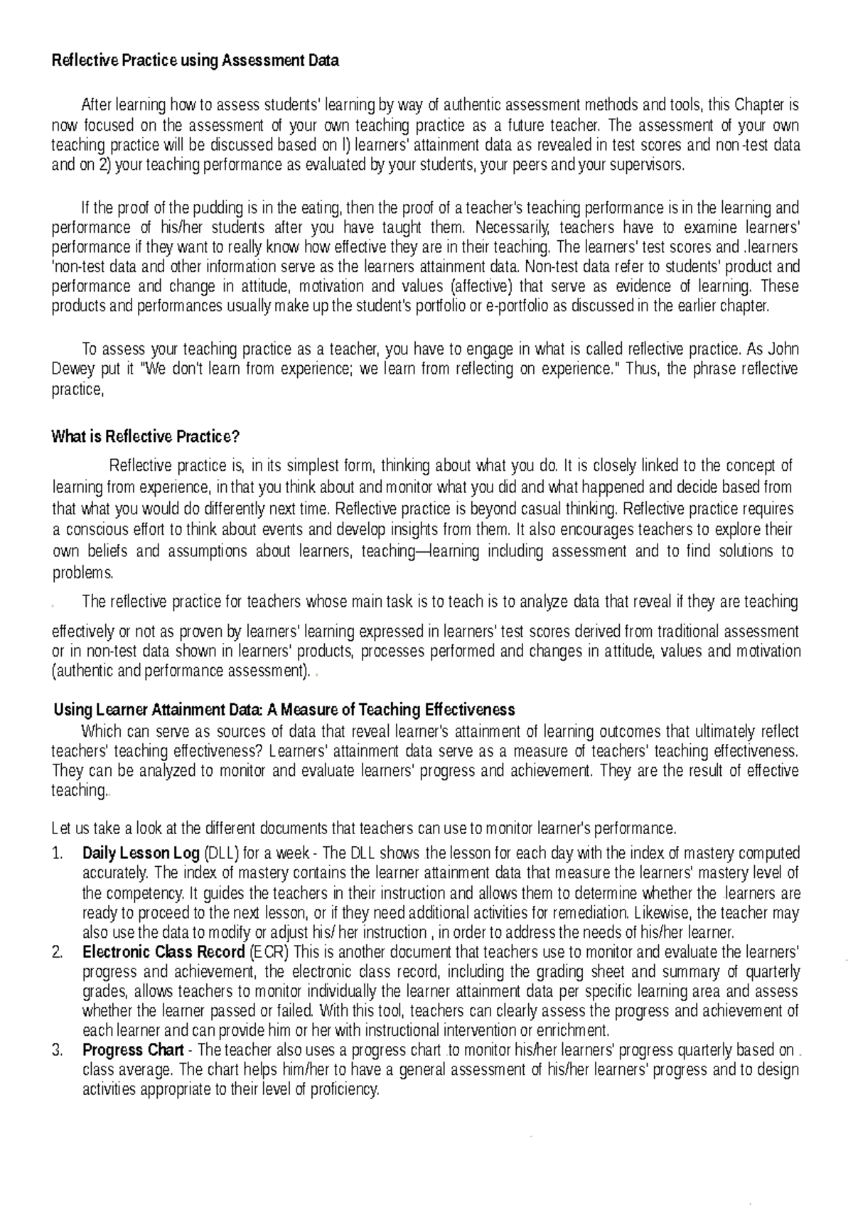 Reflective Practice & Assessment Data in Teaching Effectiveness - Studocu