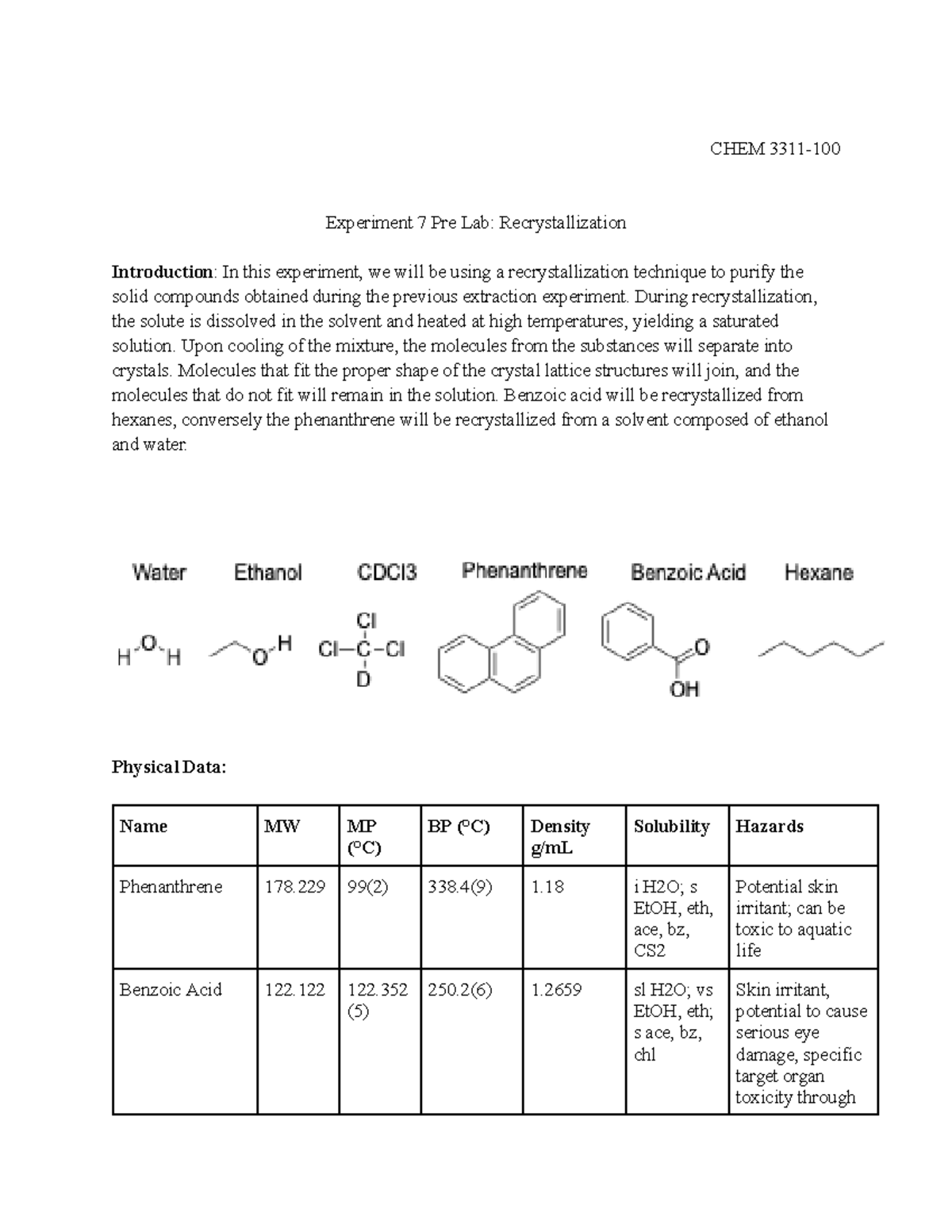 Recrystallization Pre Lab for CHEM 3311 - Ochem I Experiment 7 - Studocu