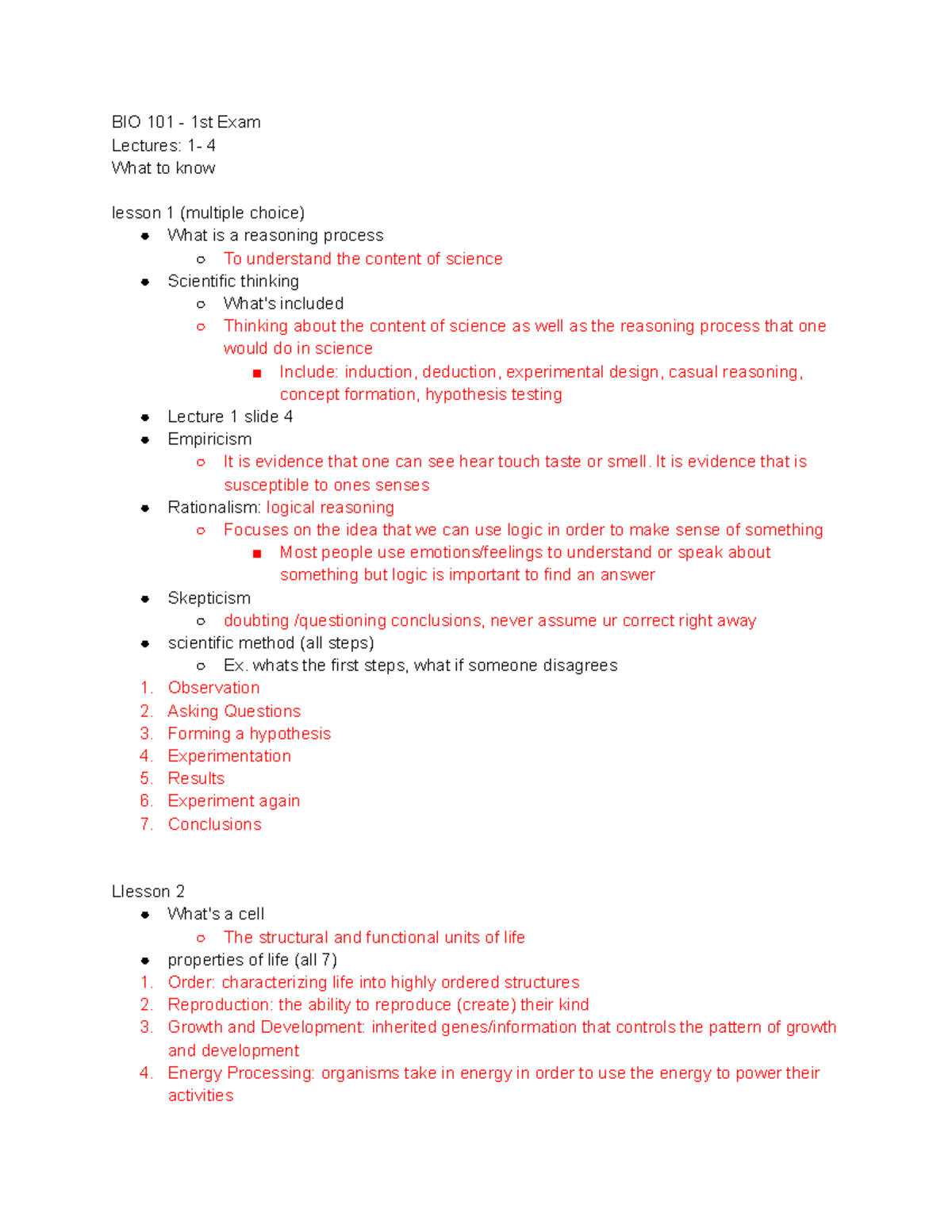 BIO101 - Exam 1 Study Guide: Key Concepts and Definitions - BIO 101 ...