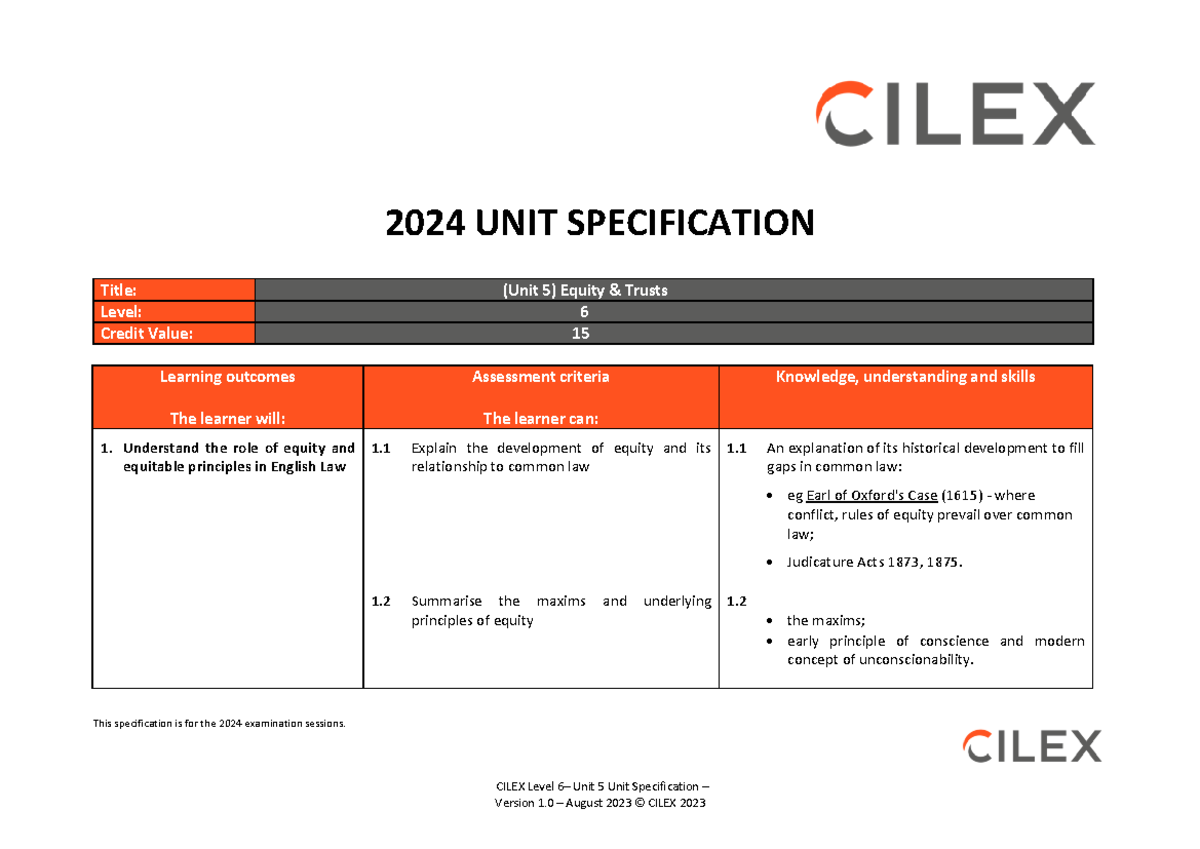 CILEX Level 6 Unit 5: Equity and Trusts Specification for 2024 Exam ...