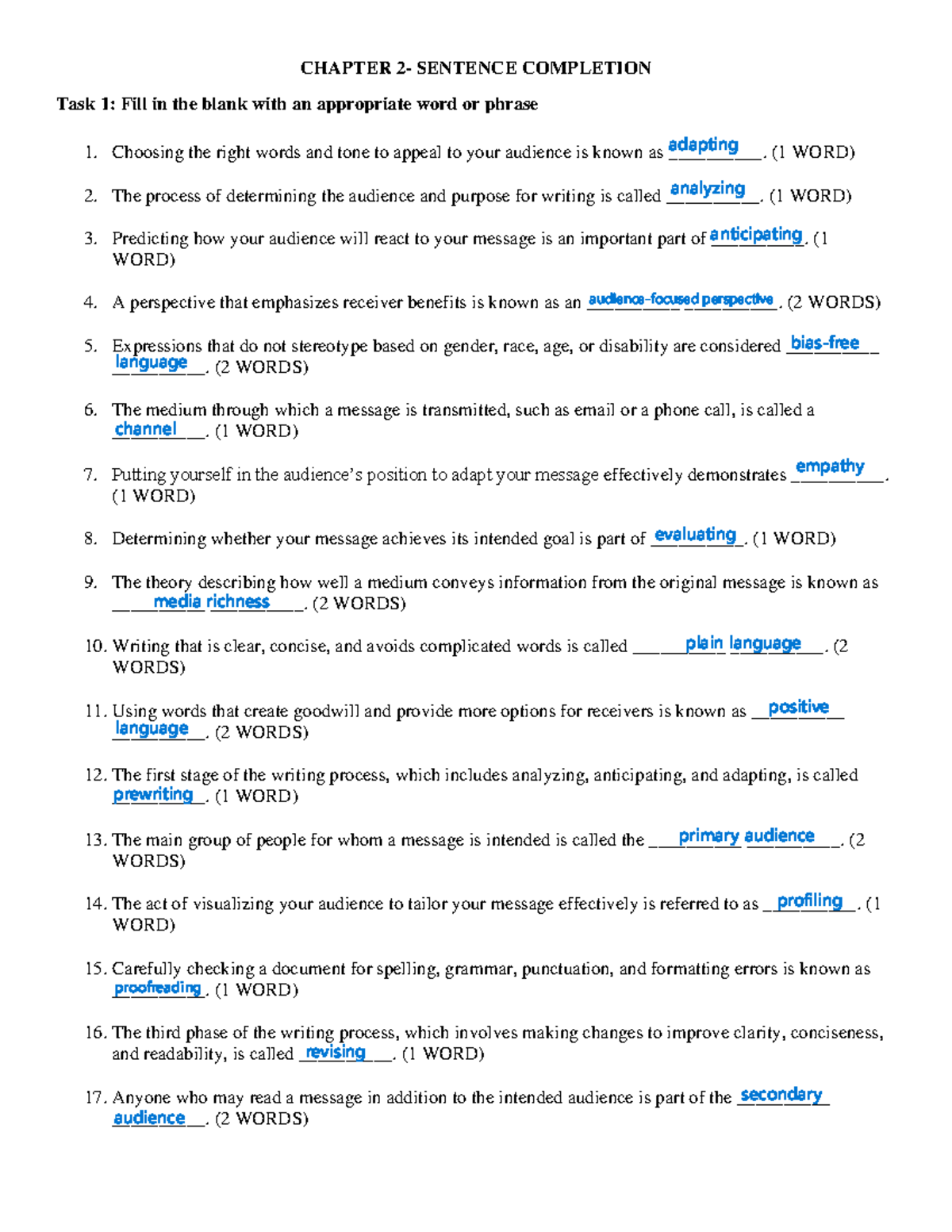 CHAPTER 2: Sentence Completion Practice Exercise - Studocu