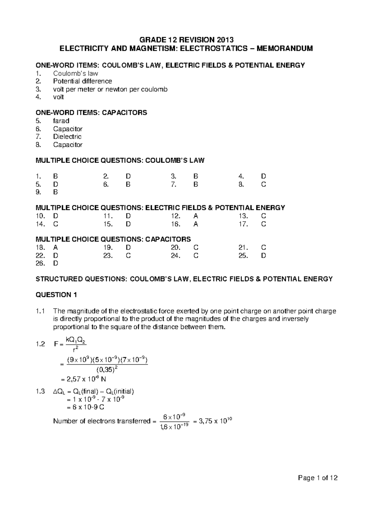 Grade 12 Electrostatics Revision Memo - 2013 - Studocu