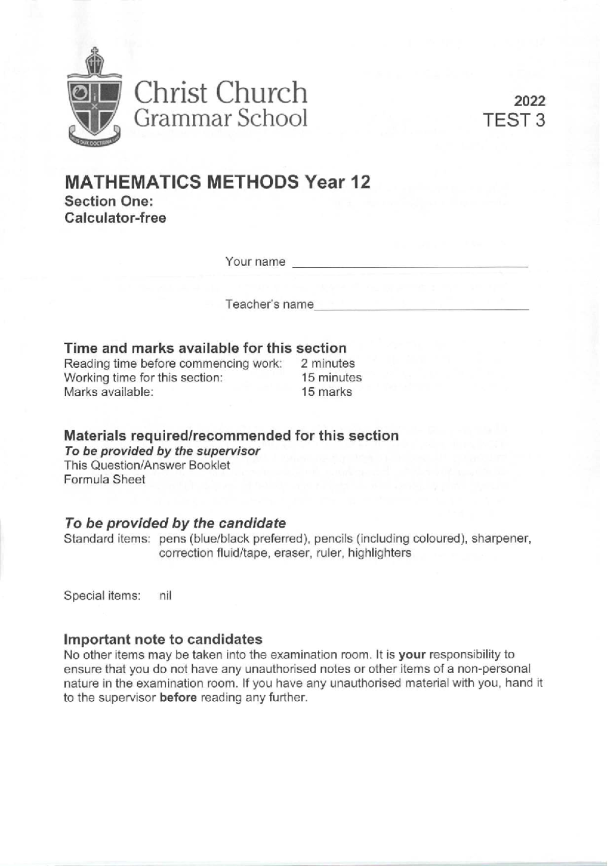 CCGS Year 12 Mathematics Methods Test 3 - Practice Exam - Studocu