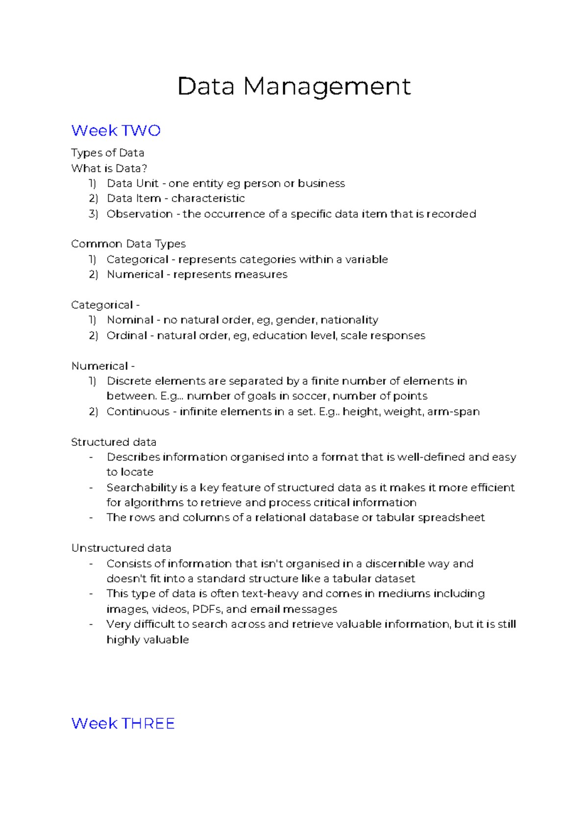 Data Management - Lecture Notes: Types of Data and Applications - Studocu