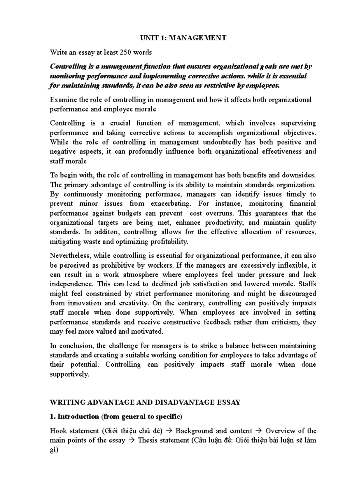 UNIT 1 - Management: The Role of Controlling in Organizations - Studocu