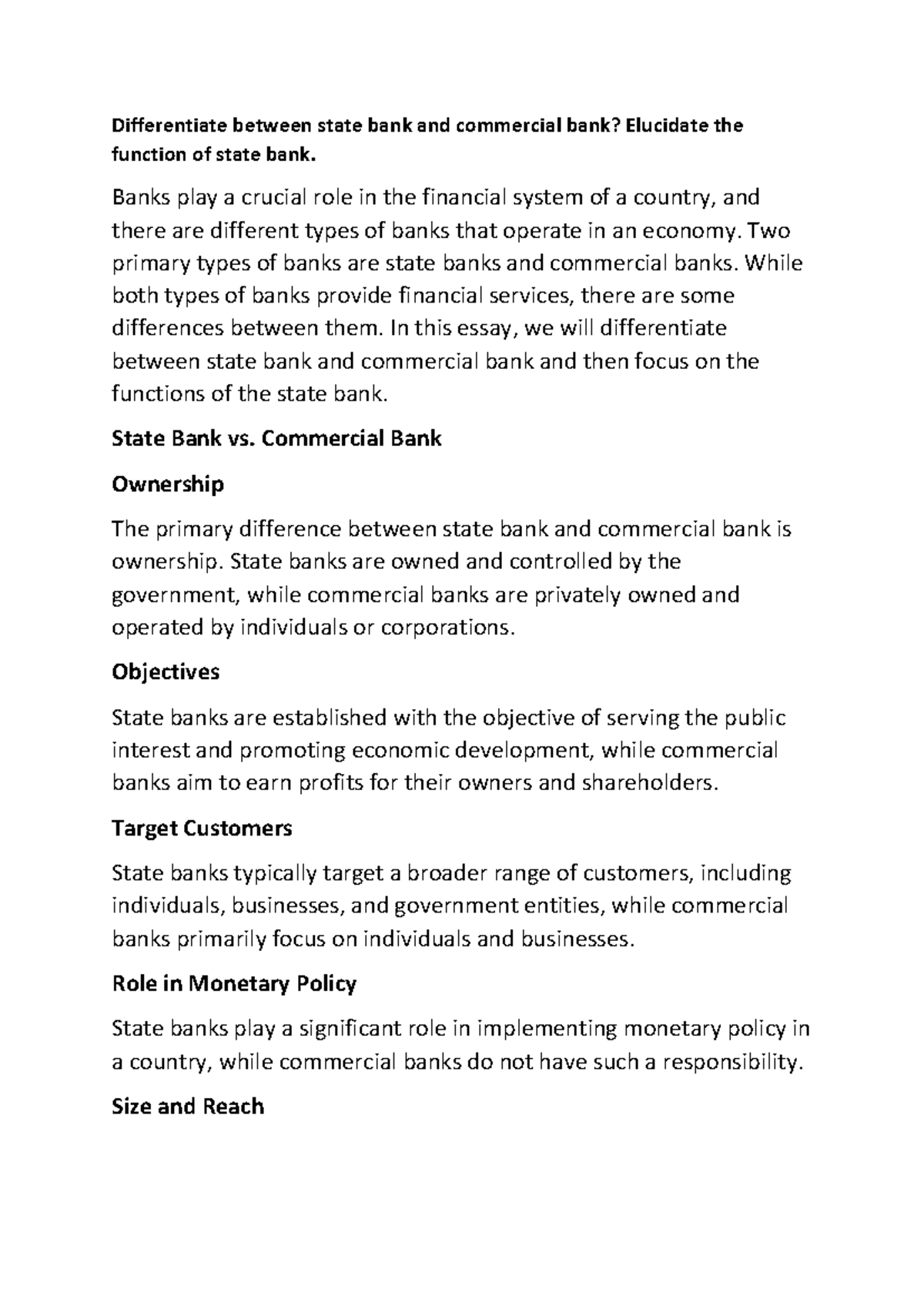 Differentiating State Bank & Commercial Bank: Functions & Roles - Studocu