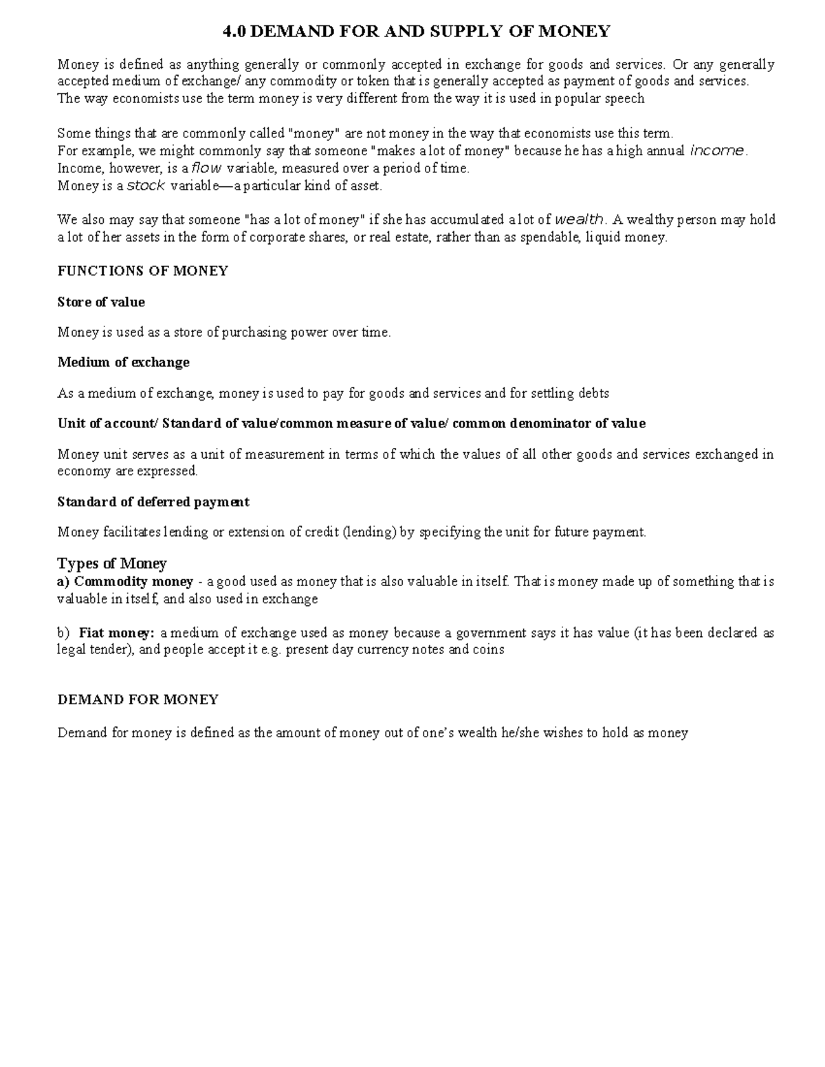 Intermediate Macroeconomics Topic 4: Demand and Supply of Money - Studocu