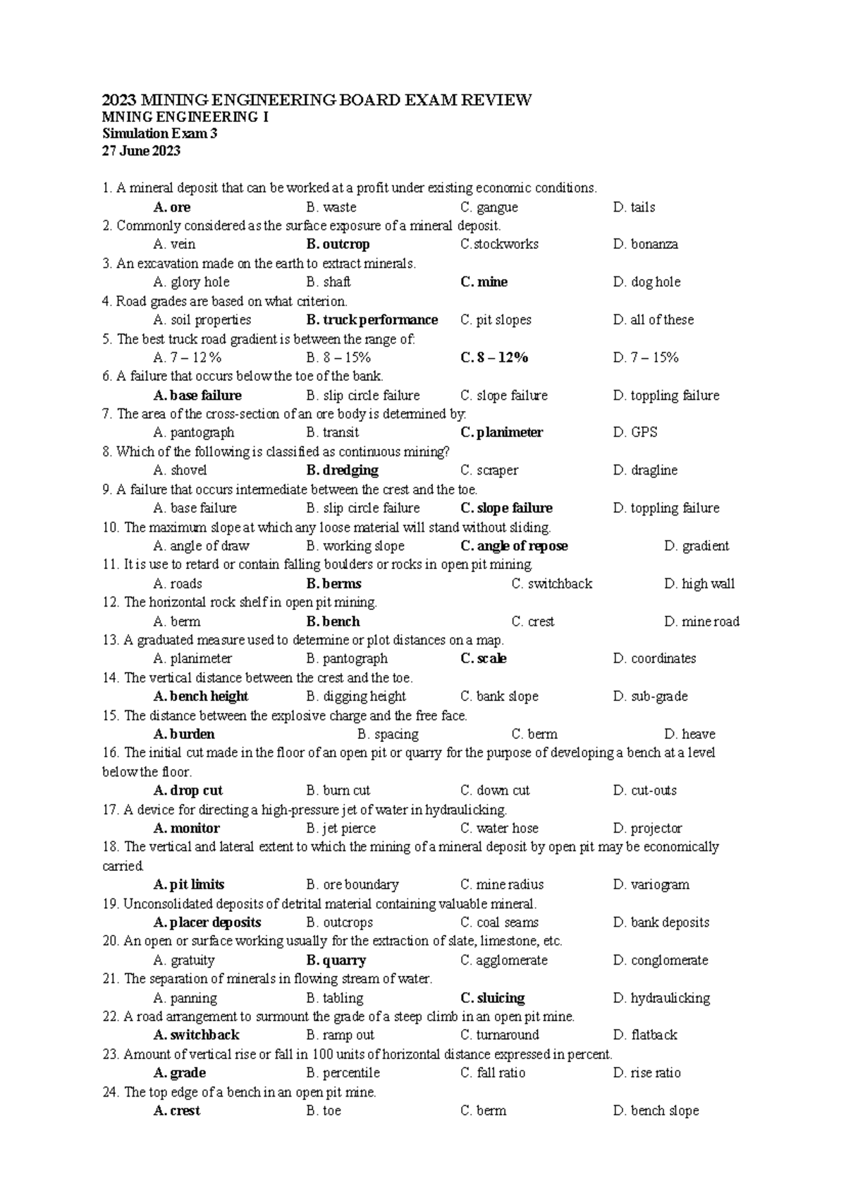 2023 MINING ENGINEERING I Simulation Exam 3 Answer Key Review - Studocu