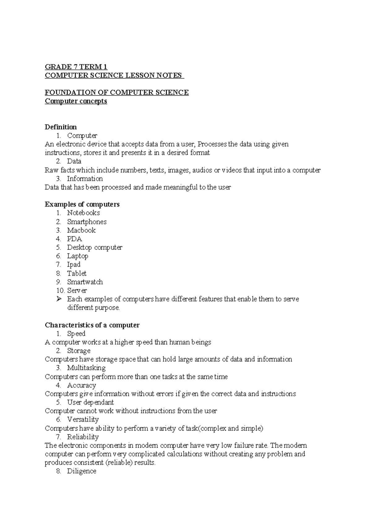 Computer Science Grade 7 Lesson Notes: Foundations & Key Concepts - Studocu